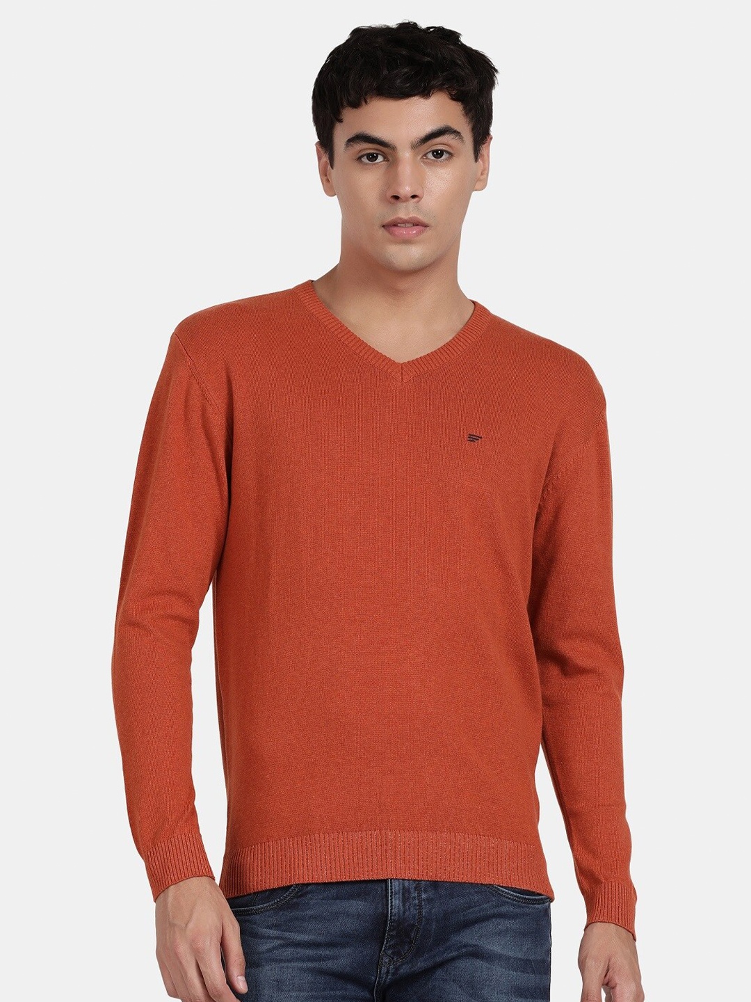 

t-base V-Neck Ribbed Hem Cotton Pullover Sweaters, Orange