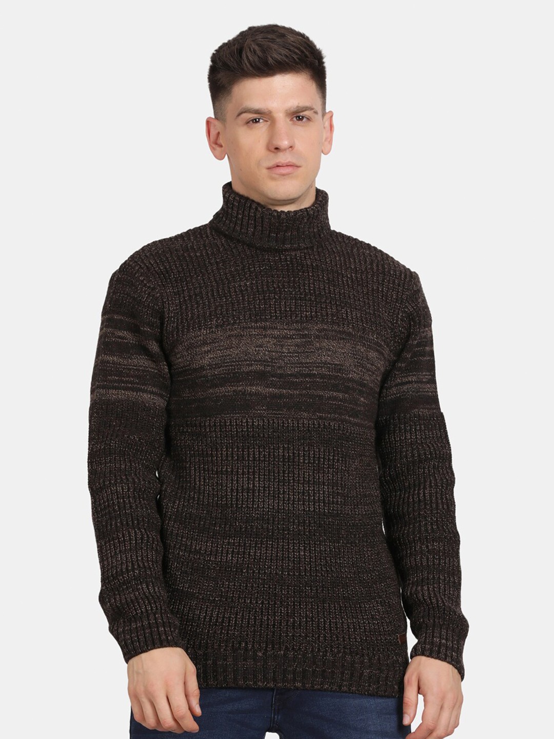 

t-base Abstract Self Design Turtle Neck Ribbed Pullover, Brown