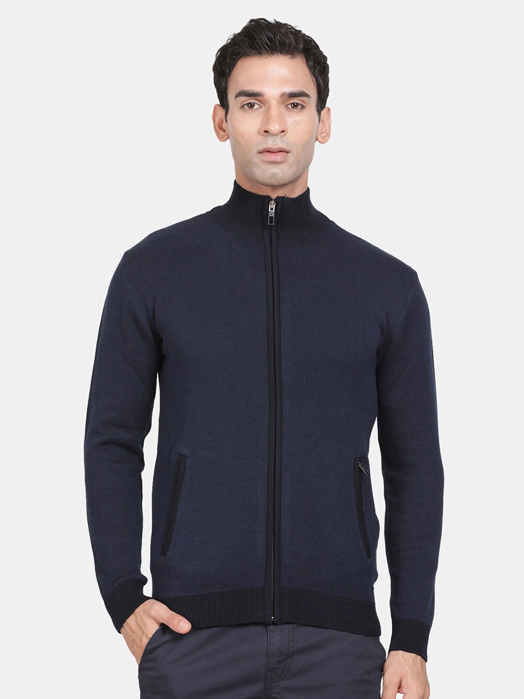 

t-base Mock Collar Long Sleeves Cotton Sweaters, Navy blue