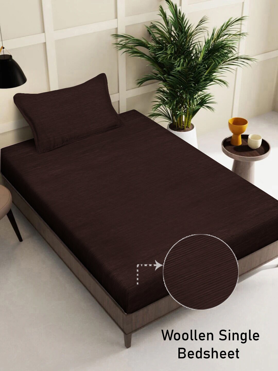 

FABINALIV Coffee Brown Striped 300 TC Woollen Single Bedsheet with Pillow Cover