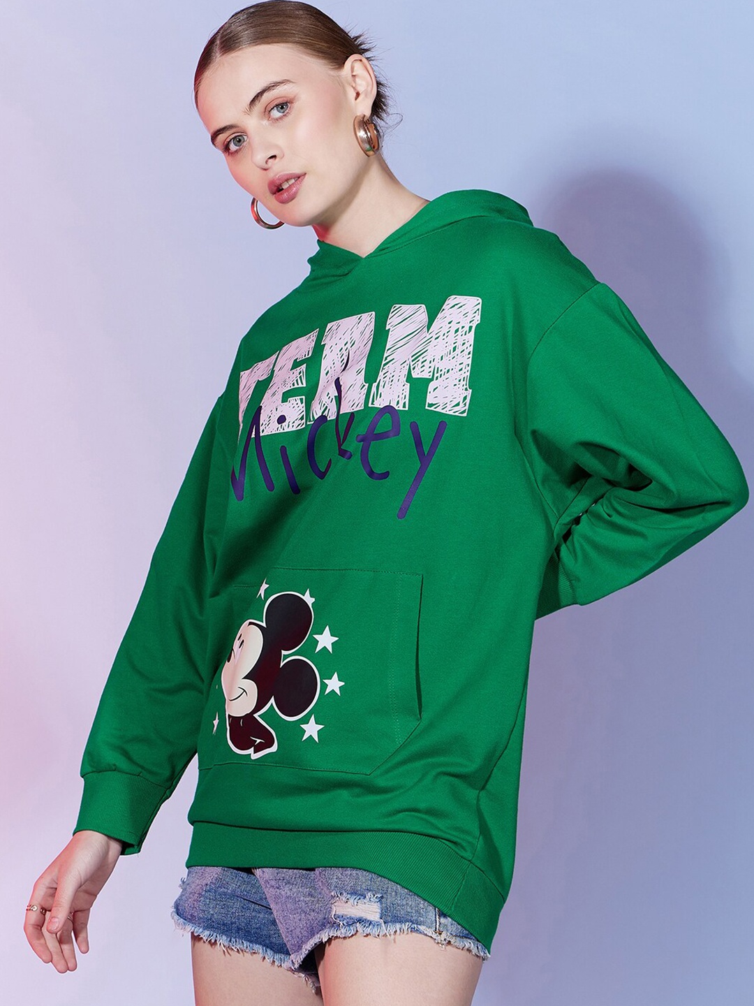 

DressBerry Mickey Mouse Printed Long Sleeves Hooded Sweatshirt, Green