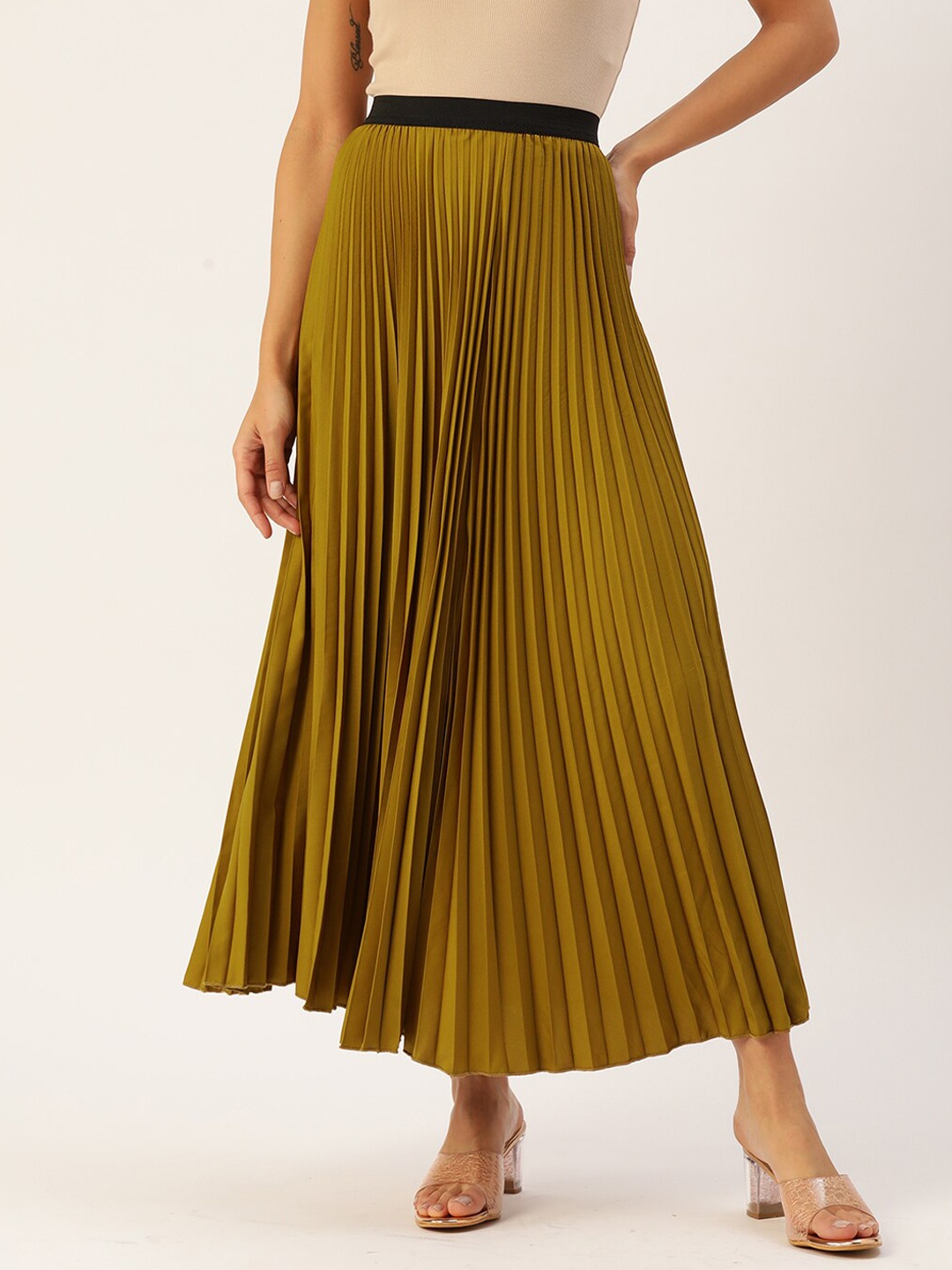 

her by invictus Mustard Yellow Accordion Pleats Maxi Flared Skirt