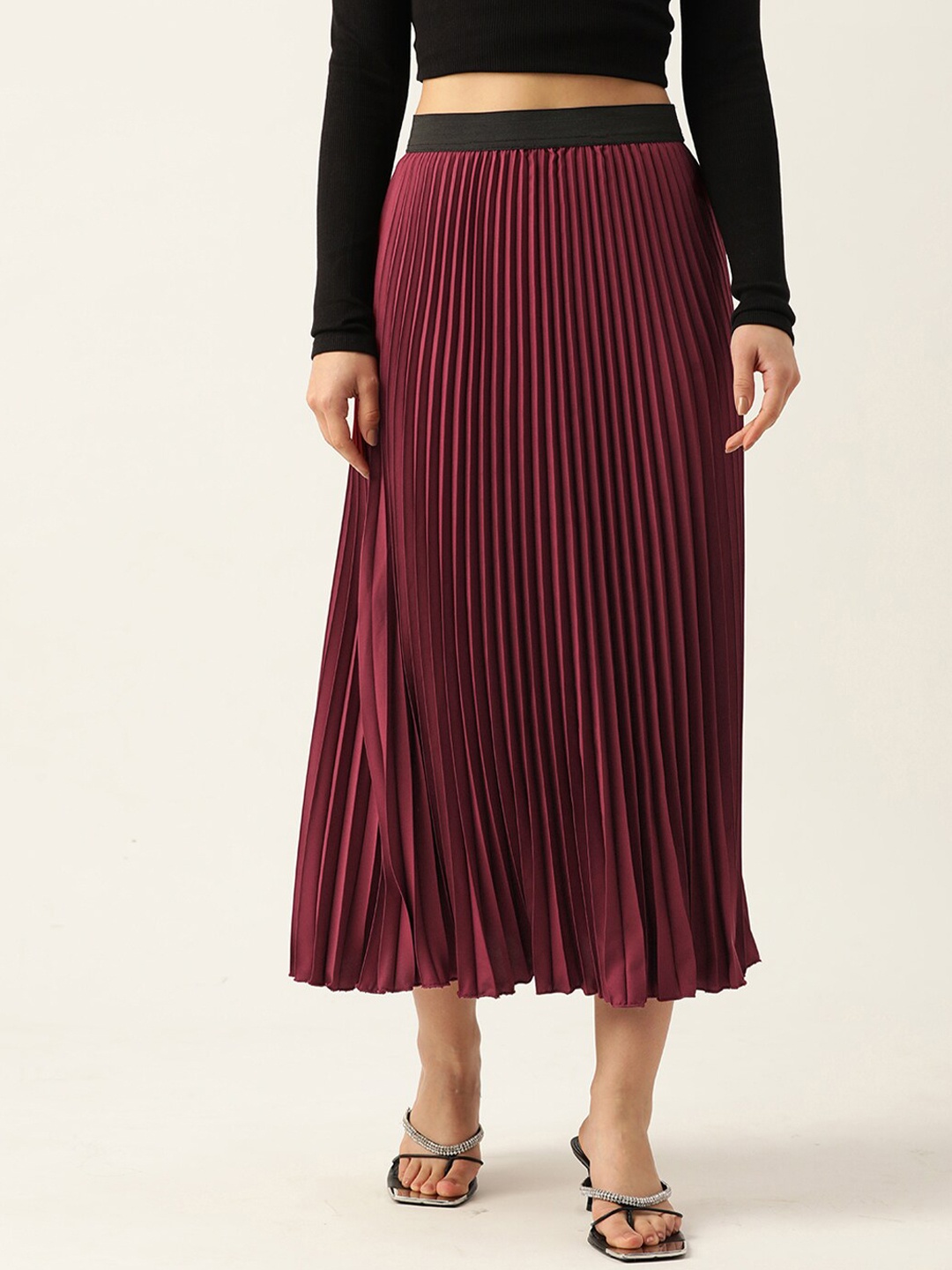 

her by invictus Maroon Gathered or Pleated Flared Maxi Skirt