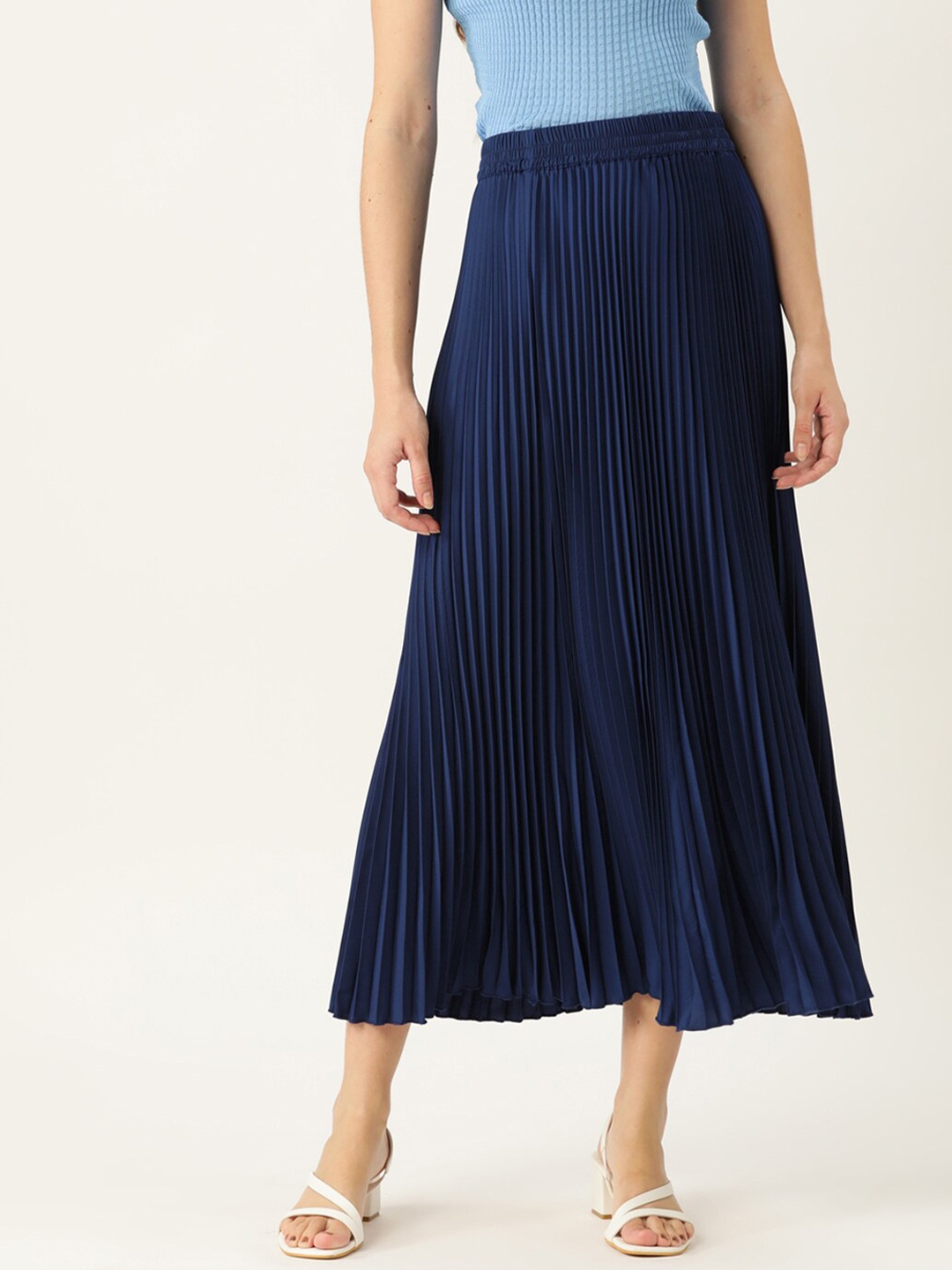 

her by invictus Navy Blue Gathered or Pleated Flared Midi Skirt