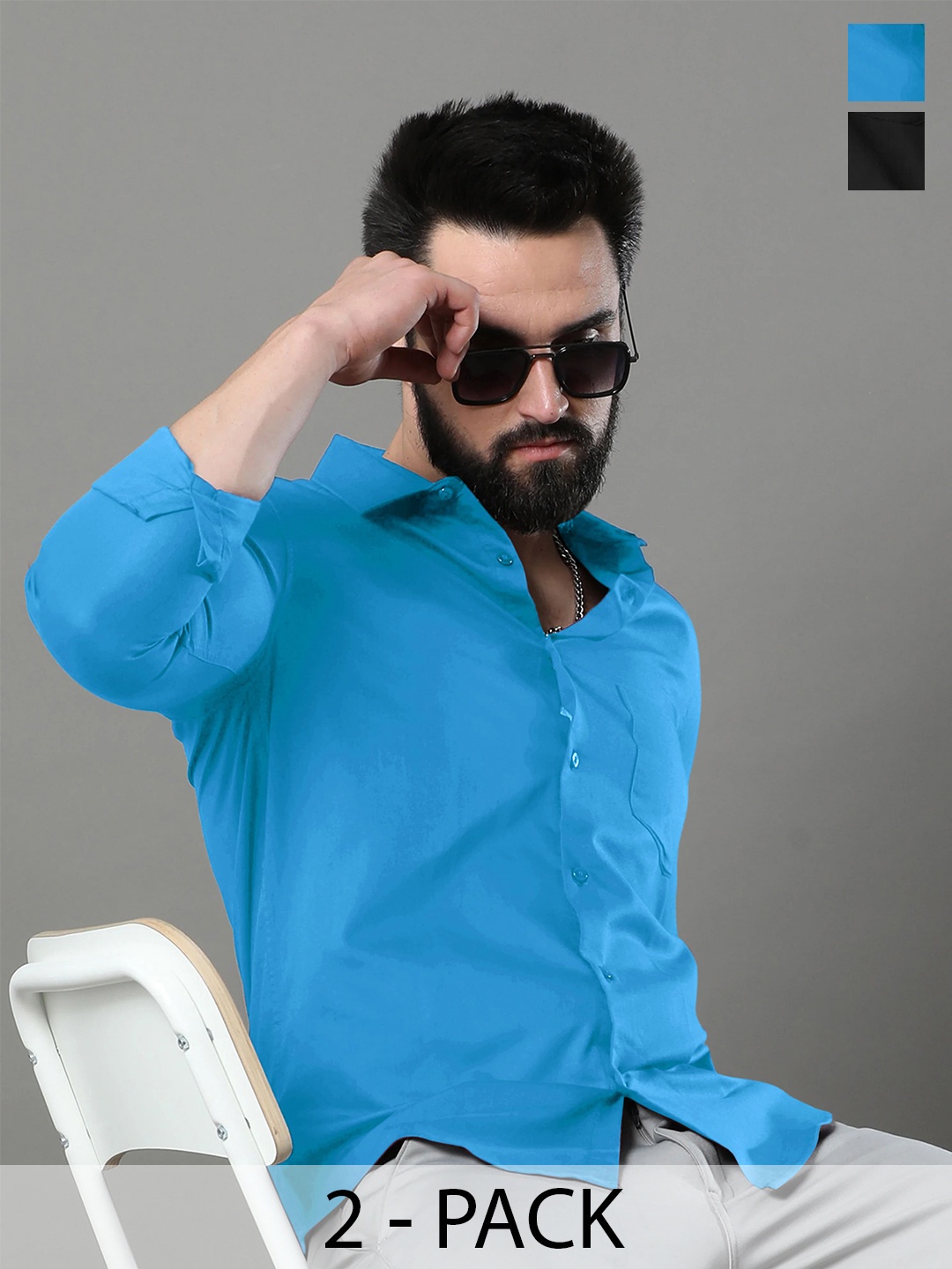 

Tee Projekt Pack Of 2 Standard Spread Collar Cotton Casual Shirt, Turquoise blue