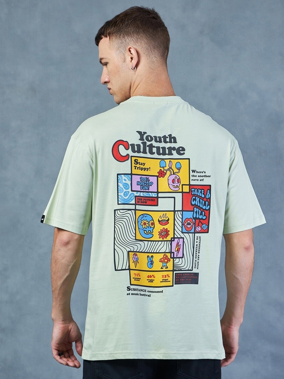 Bewakoof Youth Culture Graphic Printed Oversized Cotton T-shirt, Green