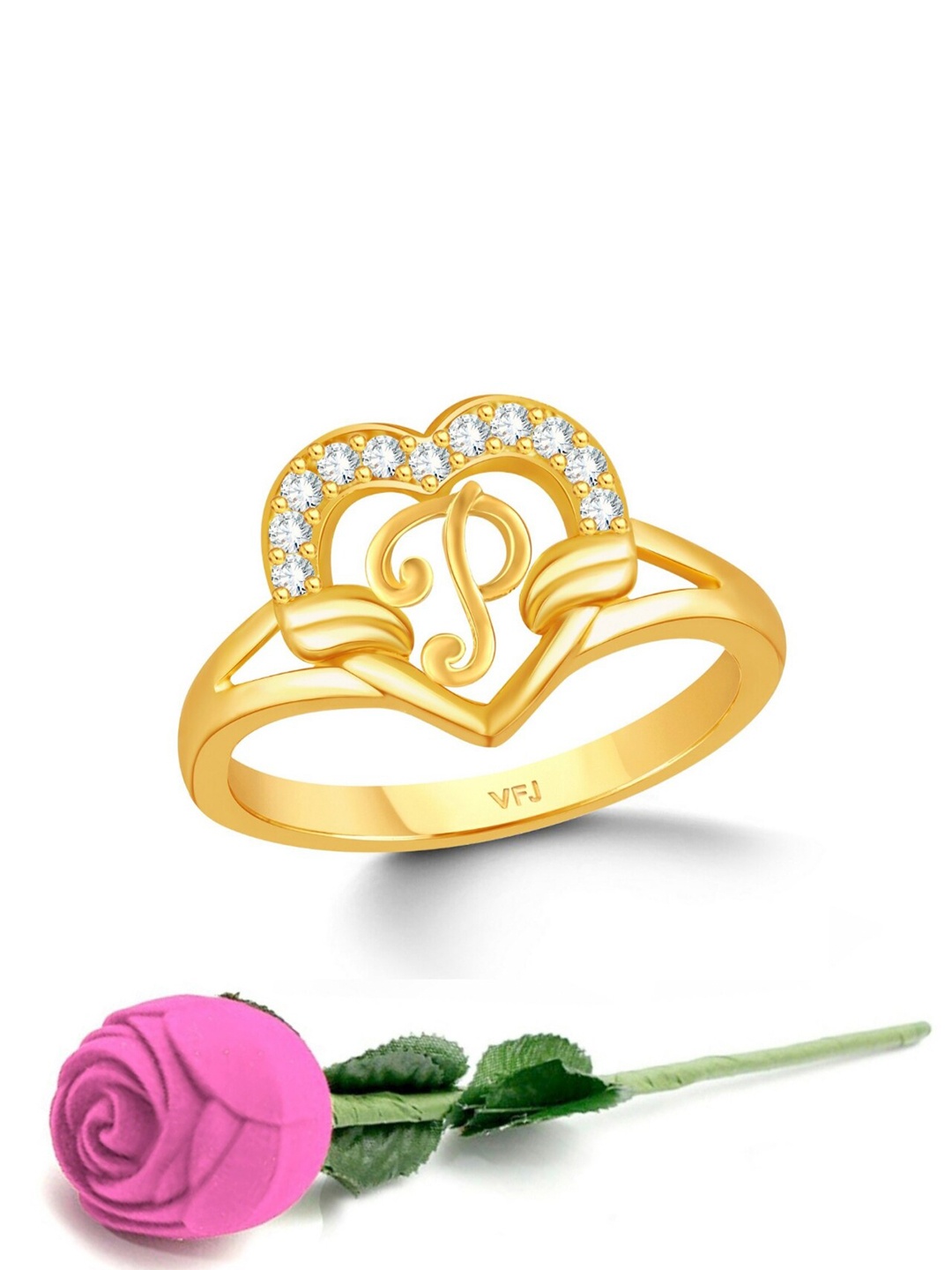 

Vighnaharta Gold-Plated CZ-Studded & Alphabet P Finger Ring With Rose Box