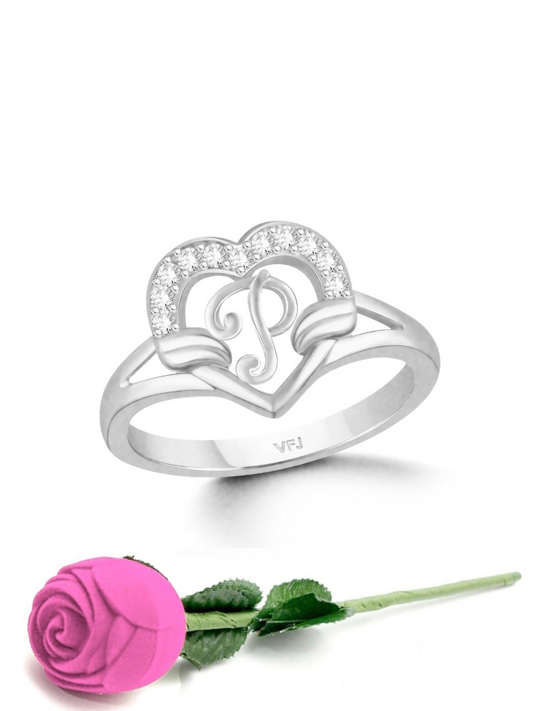 

Vighnaharta Rhodium-Plated CZ-Studded & Alphabet P Finger Ring With Rose Box, Silver