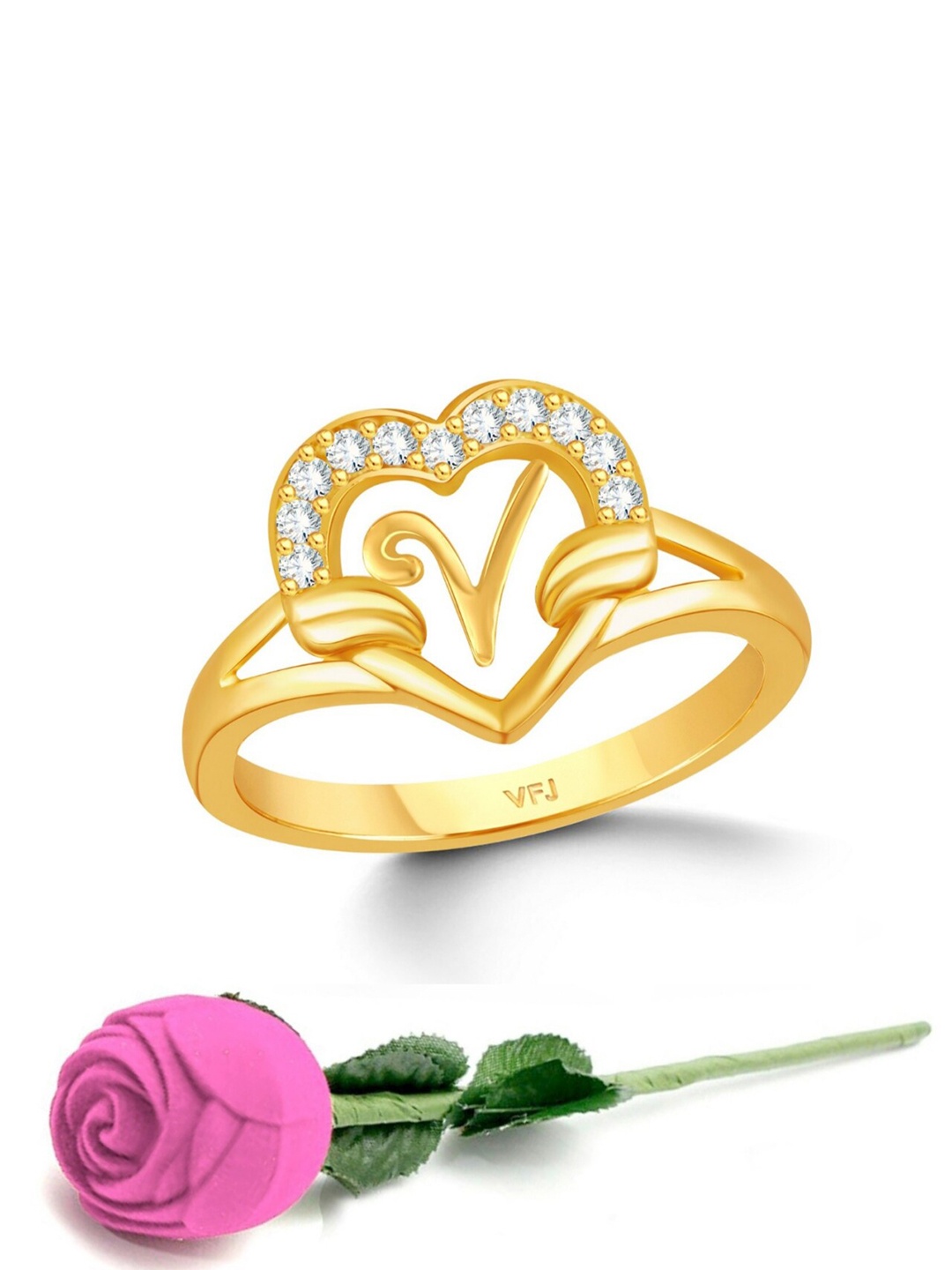 Vighnaharta Gold-Plated CZ-Studded & Alphabet V Finger Ring With Rose Box