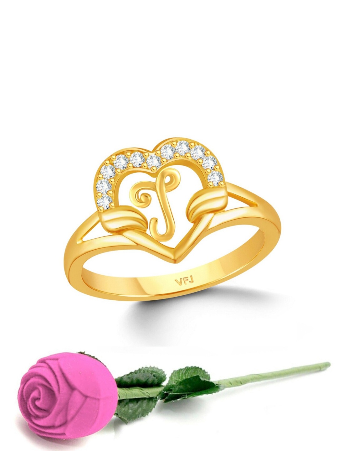

Vighnaharta Gold-Plated CZ-Studded & Alphabet J Finger Ring With Rose Box