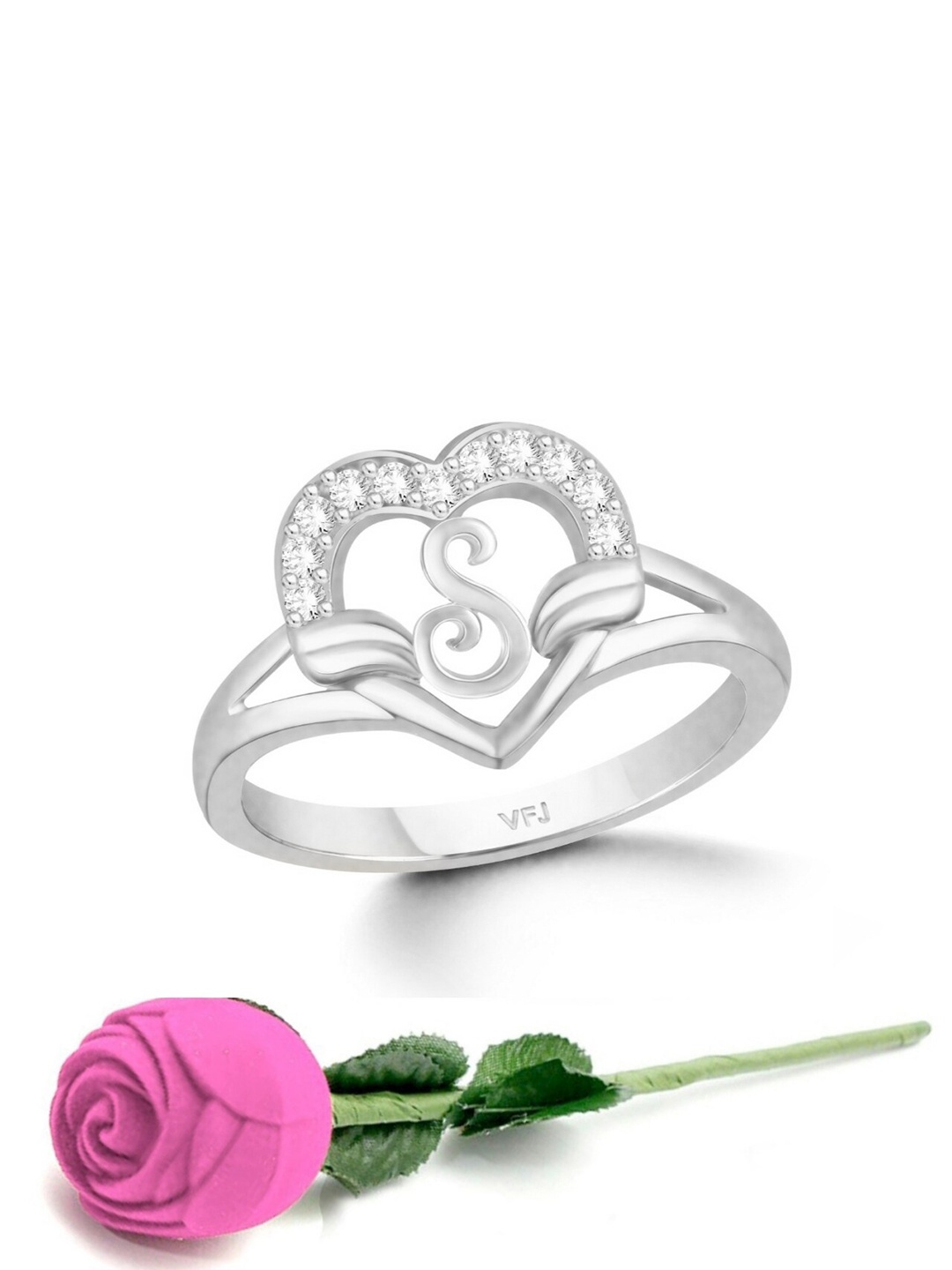 

Vighnaharta Rhodium-Plated Cubic Zirconia Studded & Alphabet S Finger Ring With Rose Box, Silver