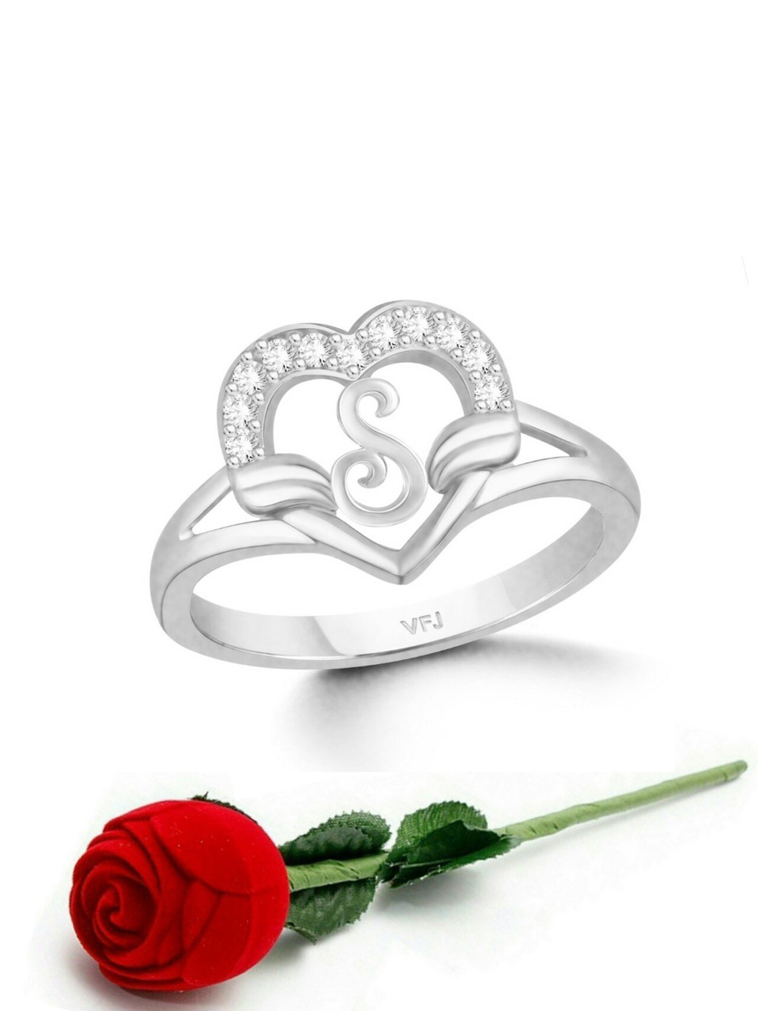 

Vighnaharta Rhodium-Plated Cubic Zirconia Studded & Alphabet S Finger Ring With Rose Box, Silver