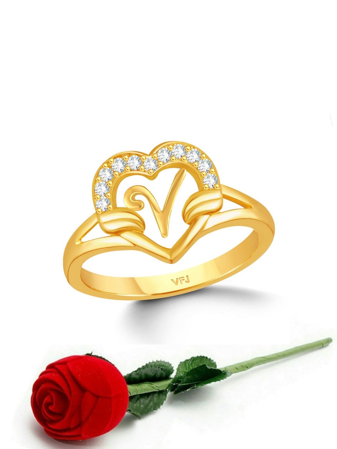 

Vighnaharta Gold-Plated Cubic Zirconia-Studded & Alphabet V Finger Ring