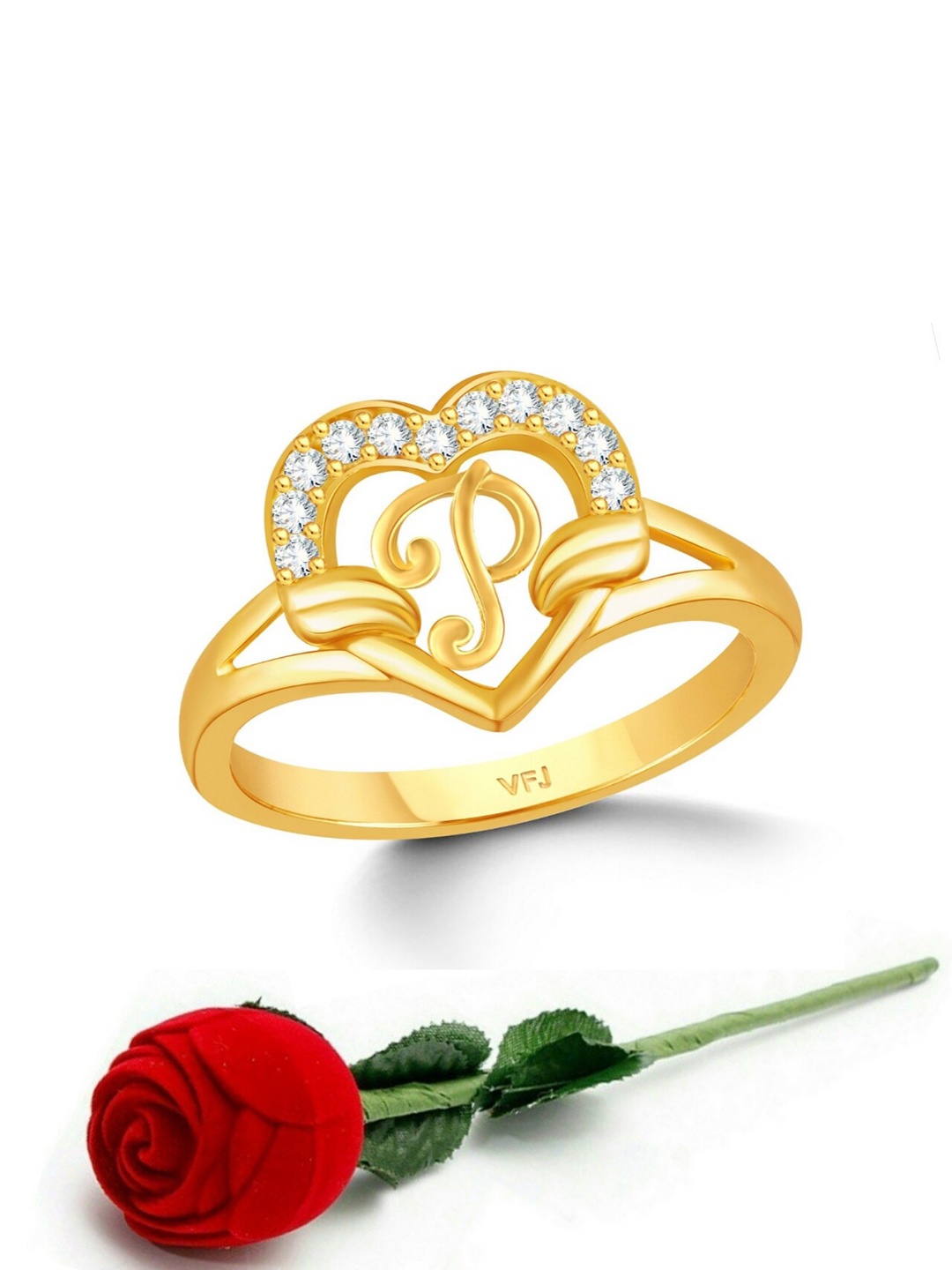 Vighnaharta Gold-Plated CZ-Studded & Alphabet P Finger Ring With Rose Box