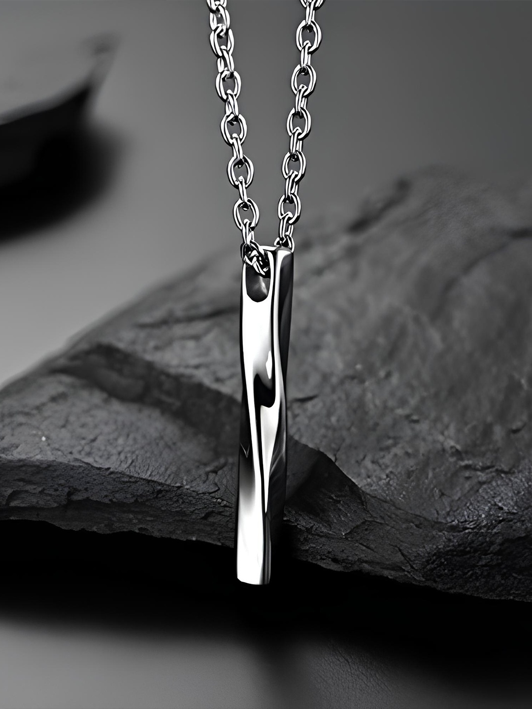 

KARISHMA KREATIONS Men Set Of 2 Silver Plated Twisted Bar & Arrow Pendant, Black