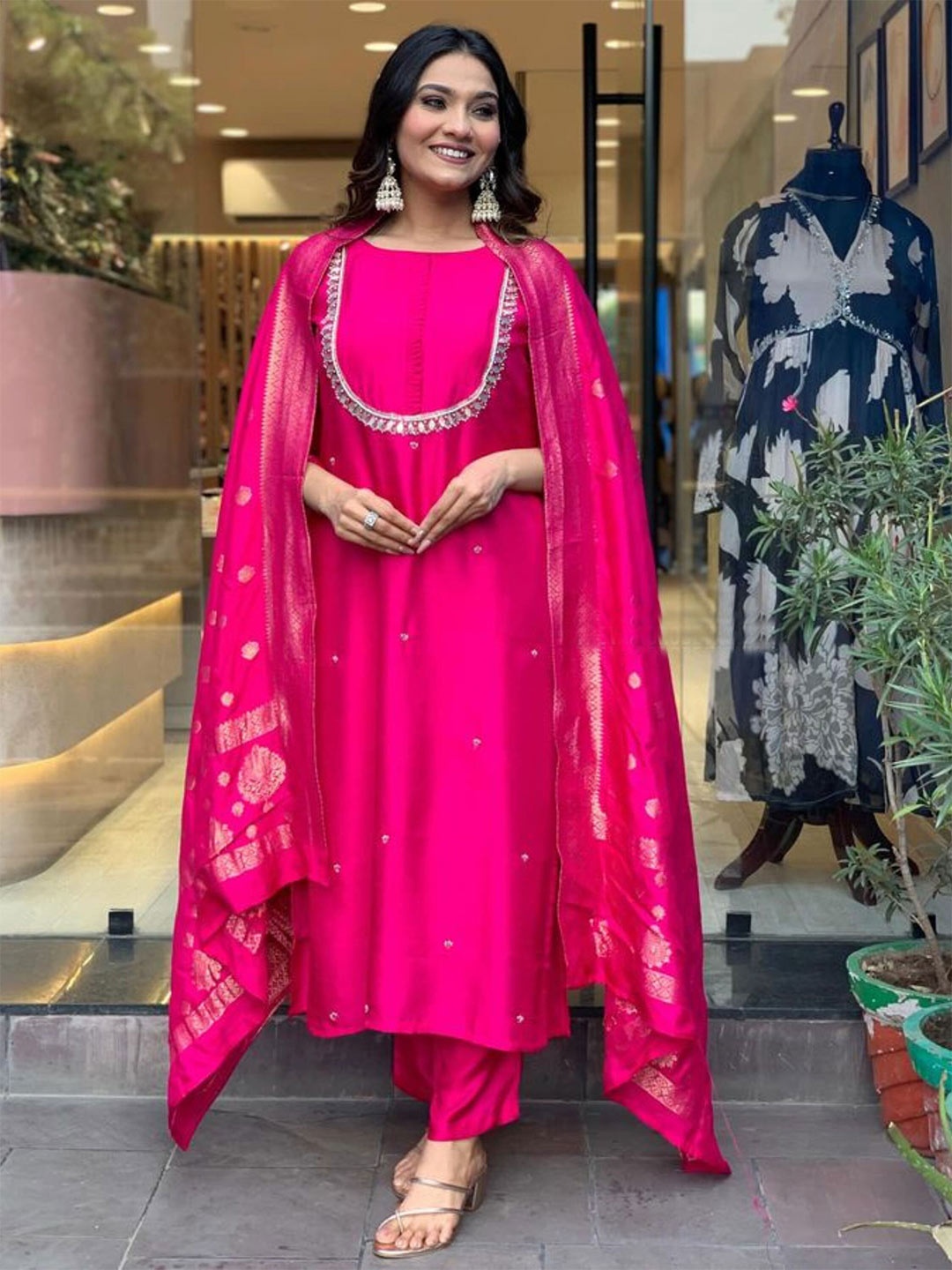 

KALINI Floral Yoke Design Thread Work Kurta & Trousers With Dupatta, Pink
