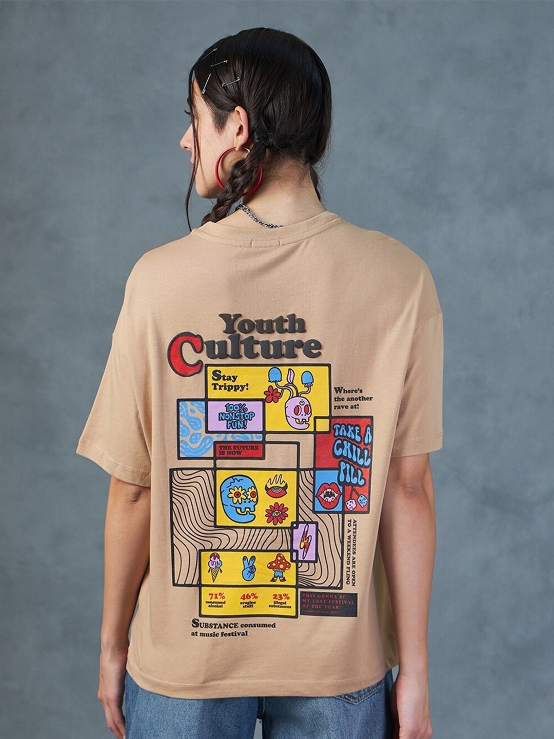 

Bewakoof Women Youth Culture Graphic Printed Oversized T-shirt, Brown