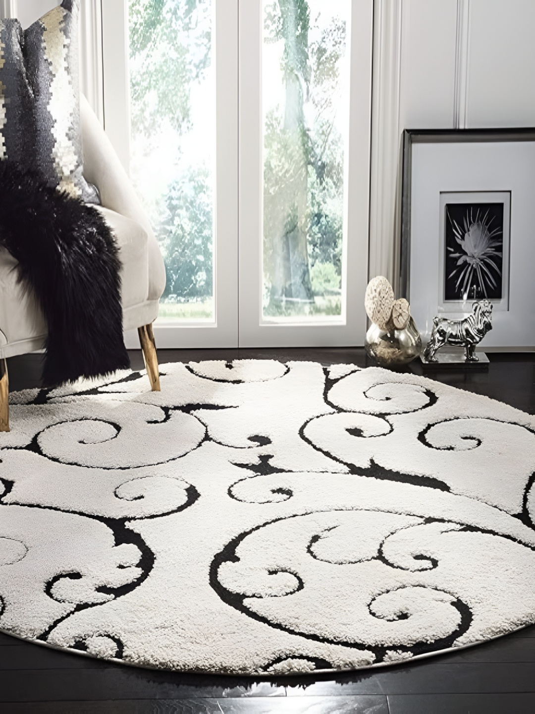 Shopgallery Black & White Floral Anti-Skid Shaggy Carpet