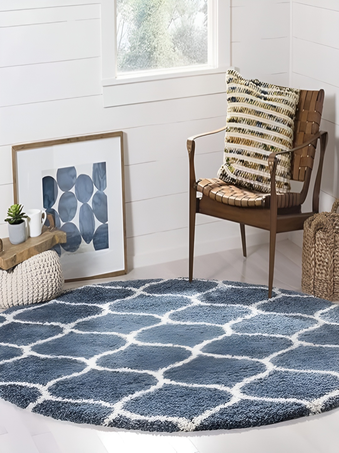 

Shopgallery Blue & White Geometric Anti Skid Shaggy Carpet