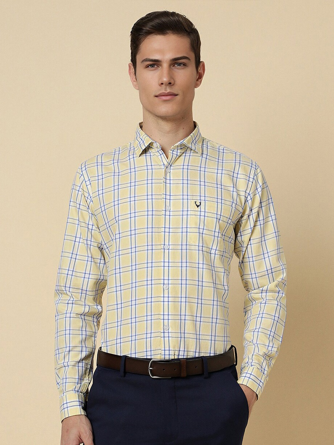 

Allen Solly Slim Fit Windowpane Checks Spread Collar Chest Pocket Cotton Formal Shirt, Yellow