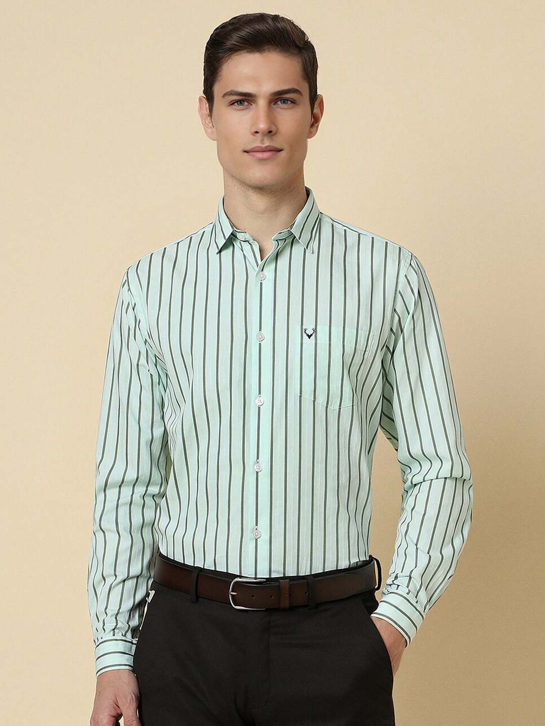 

Allen Solly Striped Cotton Spread Collar Slim Fit Opaque Formal Shirt, Green