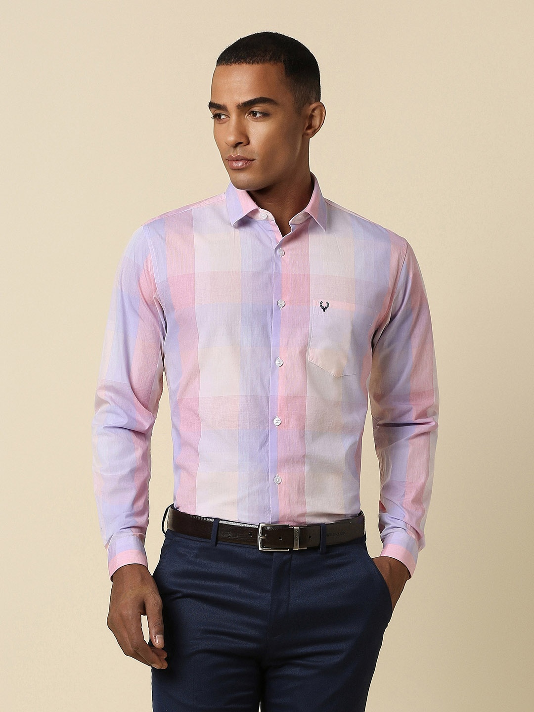 

Allen Solly Slim Fit Windowpane Checked Pure Cotton Formal Shirt, Pink