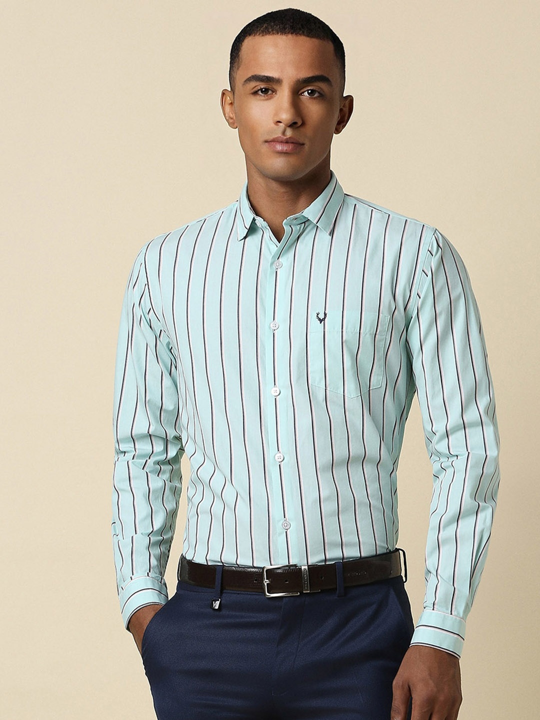 

Allen Solly Slim Fit Vertical Striped Pure Cotton Formal Shirt, Green