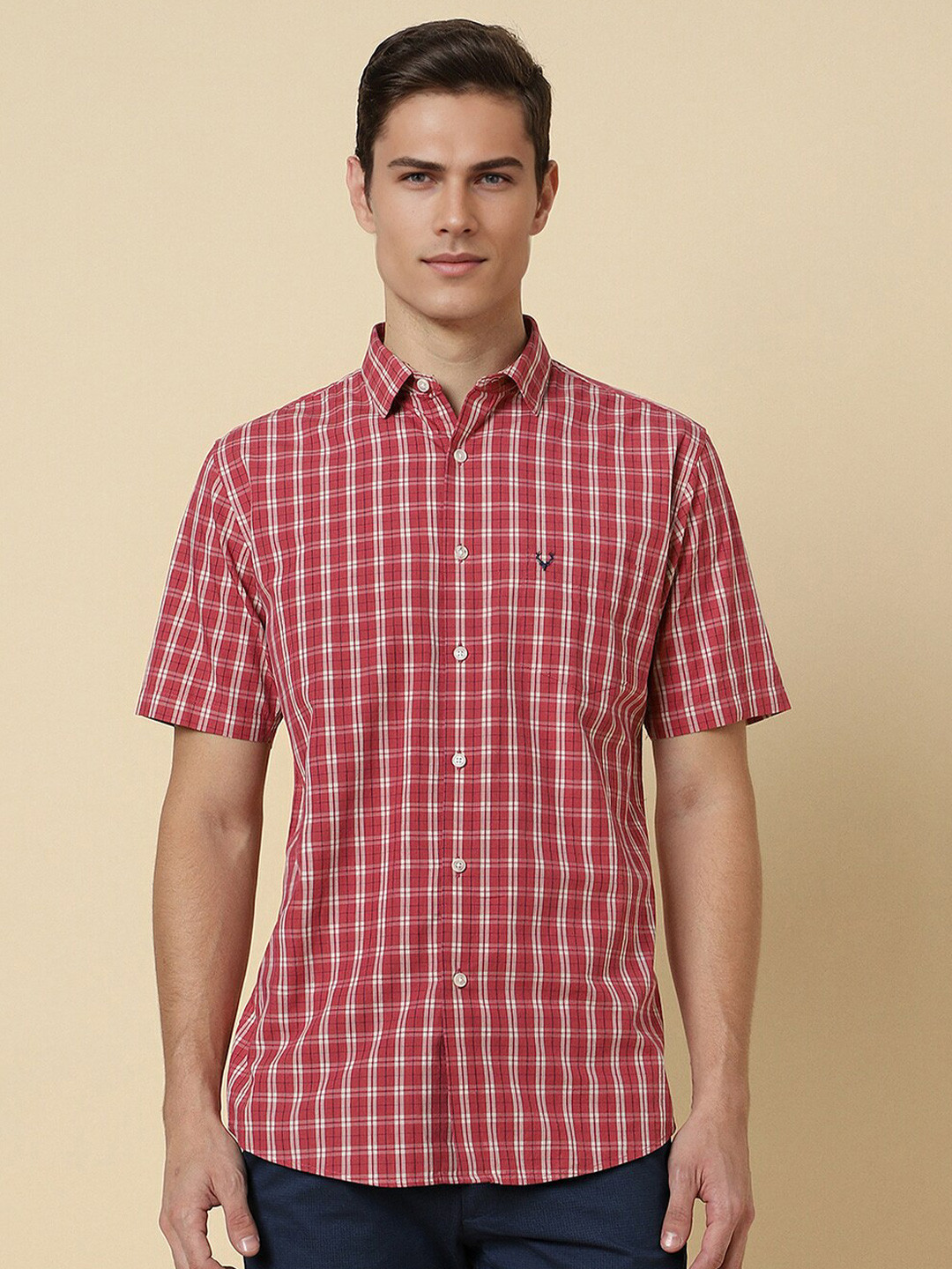 

Allen Solly Slim Fit Tartan Checks Spread Collar Half Sleeves Chest Pocket Casual Shirt, Red