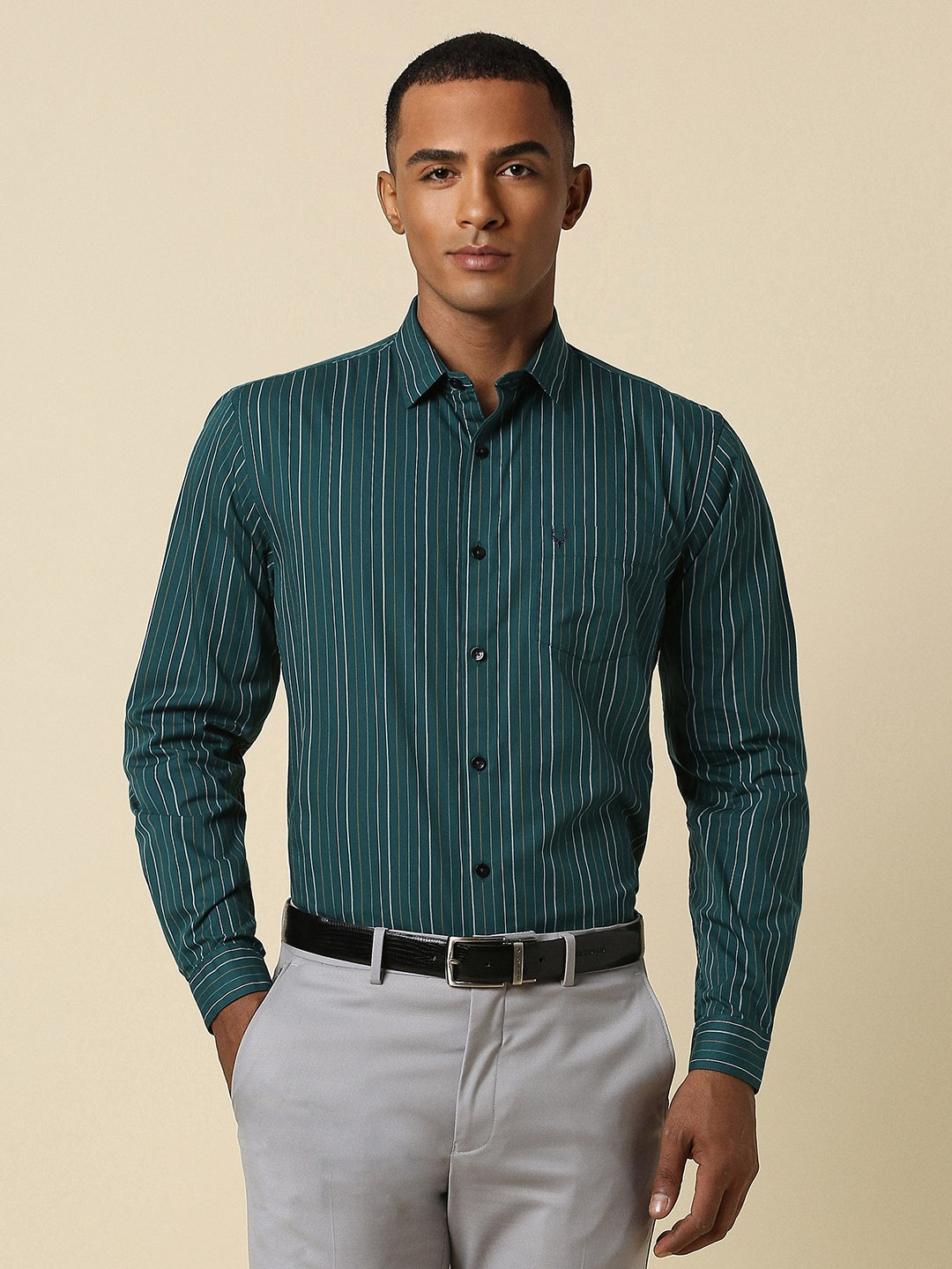 

Allen Solly Slim Fit Vertical Striped Spread Collar Cotton Formal Shirt, Green