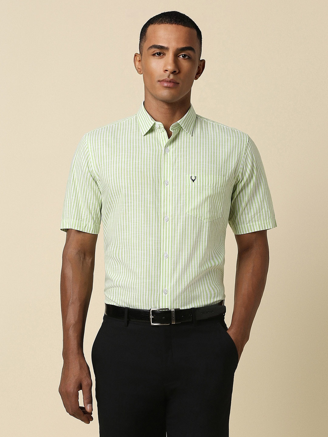 

Allen Solly Slim Fit Striped Pure Cotton Formal Shirt, Green