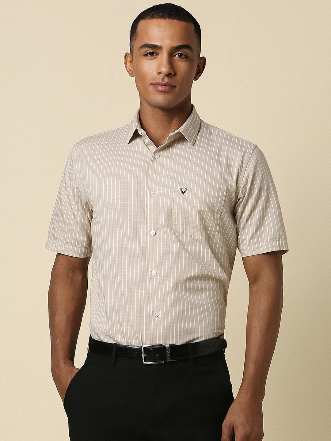 

Allen Solly Spread Collar Slim Fit Striped Formal Shirt, Beige