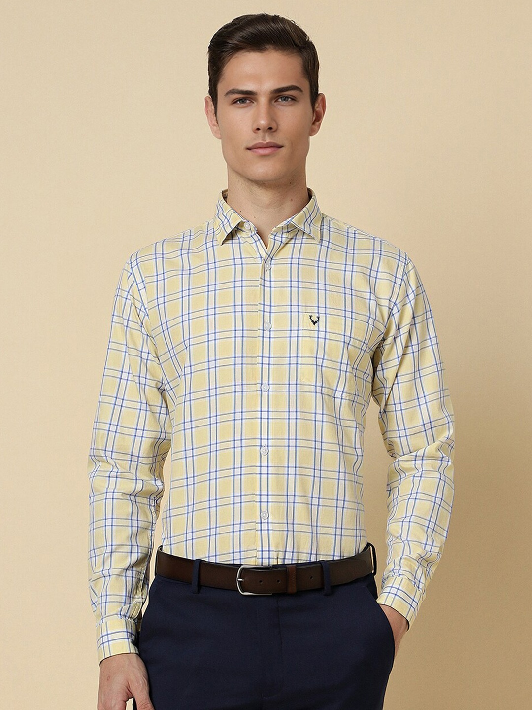 

Allen Solly Slim Fit Windowpane Checks Spread Collar Chest Pocket Cotton Formal Shirt, Yellow