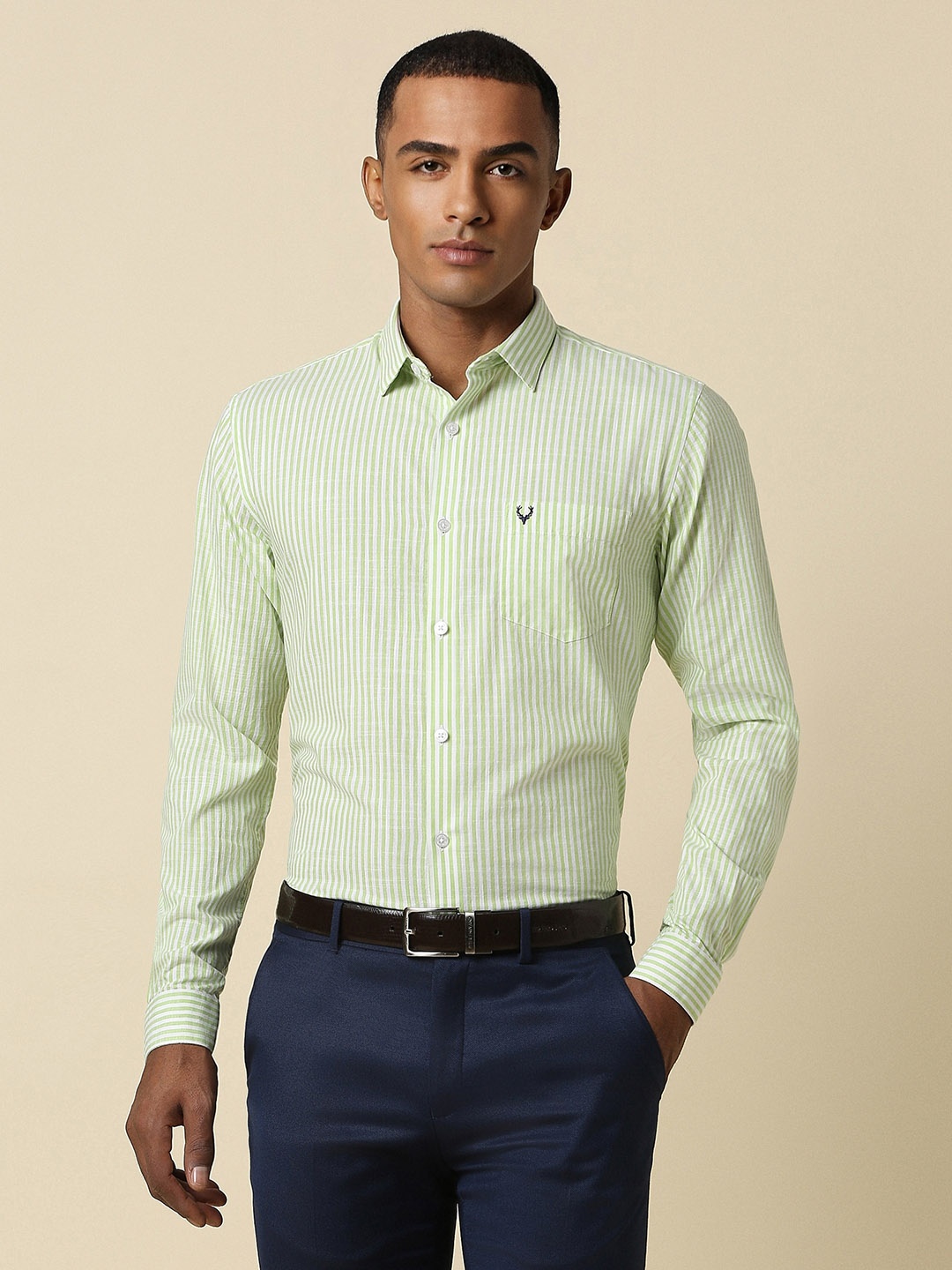 

Allen Solly Slim Fit Striped Pure Cotton Formal Shirt, Green