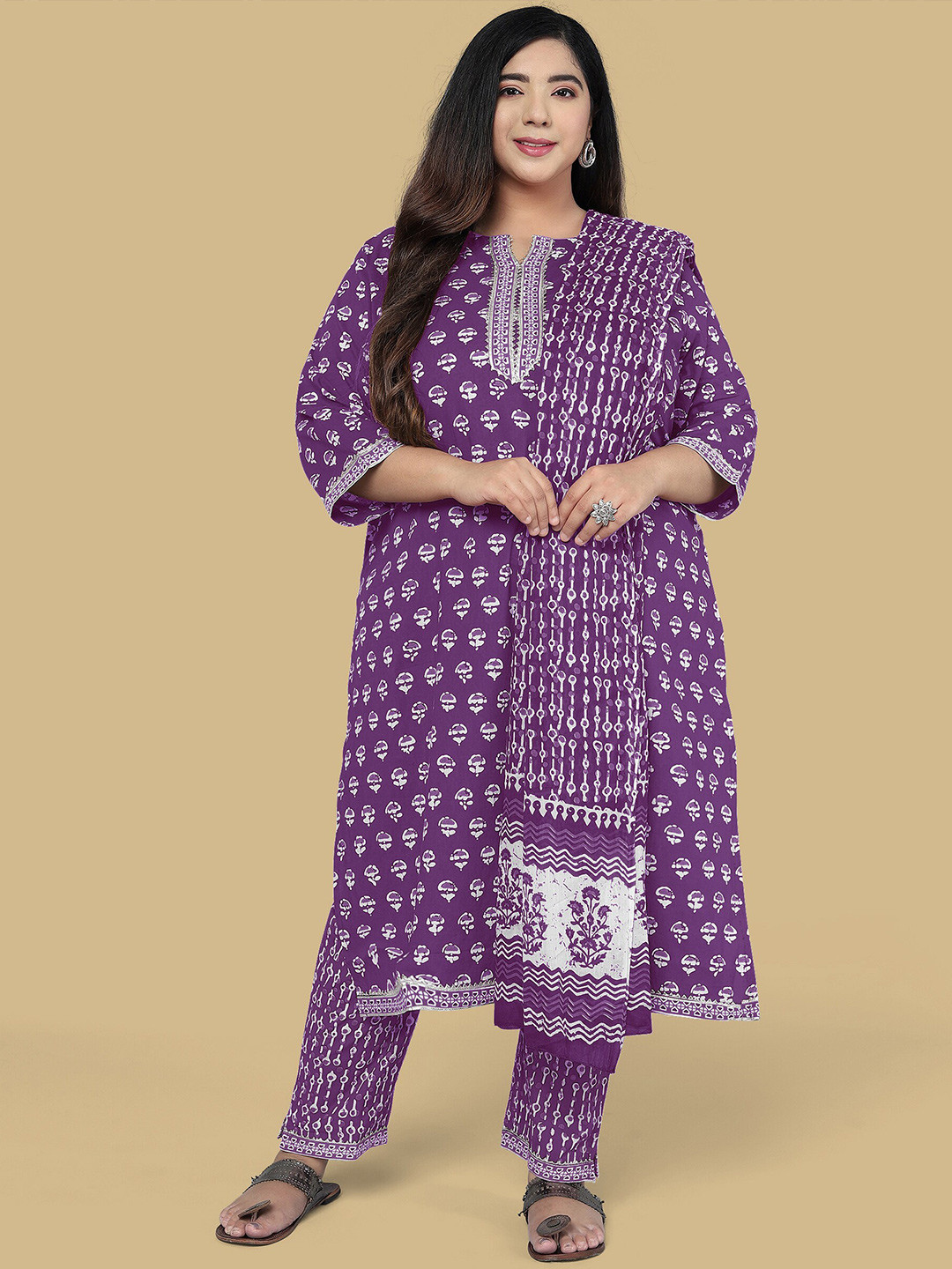 

KALINI Plus Size Ethnic Printed Gotta Patti Pure Cotton Kurta with Trousers & Dupatta, Purple