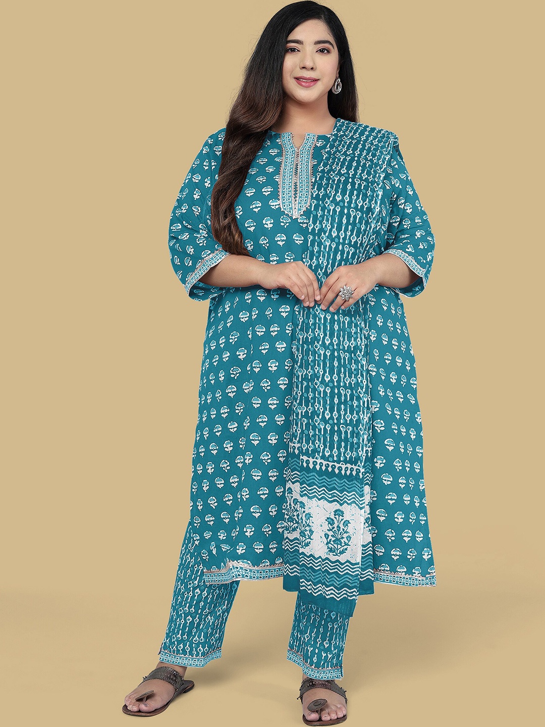 

KALINI Plus Size Ethnic Printed Gotta Patti Pure CottonKurta with Trousers & Dupatta, Turquoise blue