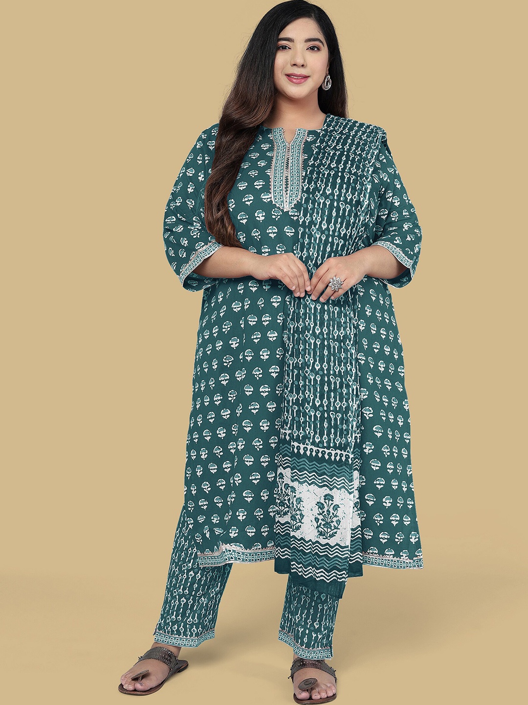 

KALINI Plus Size Ethnic Printed Gotta Patti Pure Cotton Kurta with Trousers & Dupatta, Green