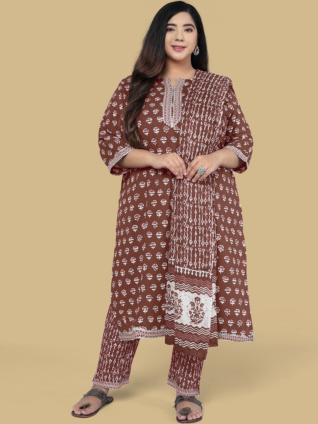 

KALINI Ethnic Motifs Printed Gotta Patti Pure Cotton Kurta & Trousers With Dupatta, Brown