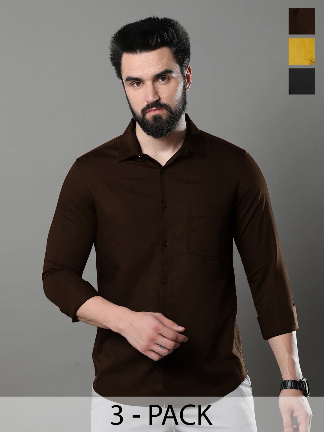 

1 Stop Fashion Pack Of 3 Opaque Slim Fit Cotton Casual Shirt, Brown