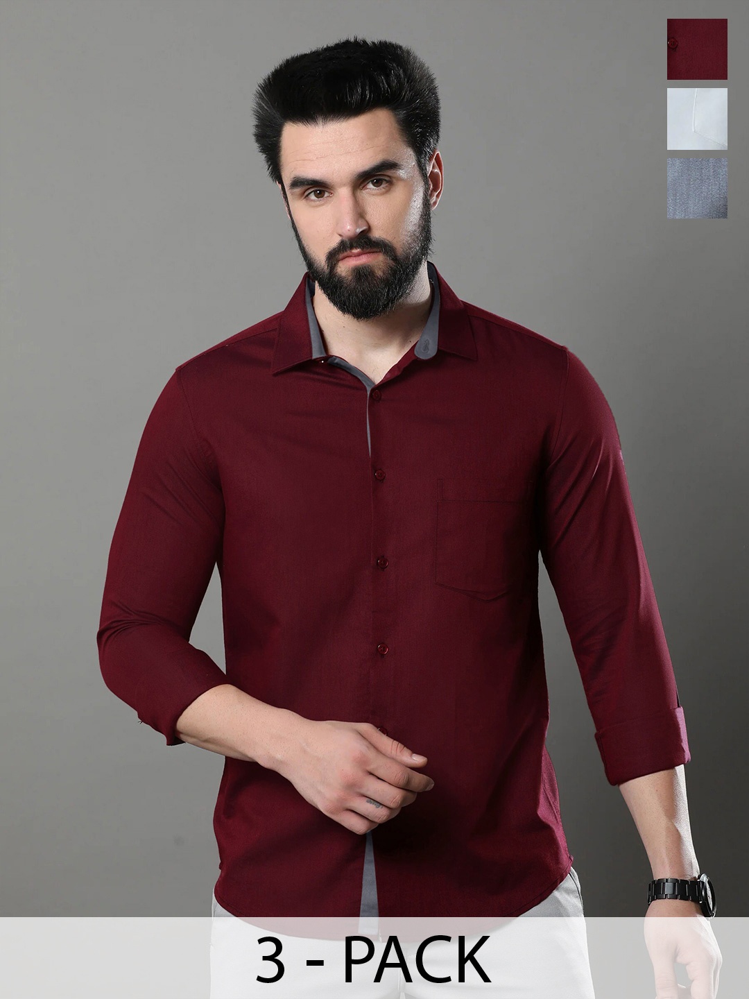 

1 Stop Fashion Pack Of 3 Opaque Slim Fit Cotton Casual Shirt, Red