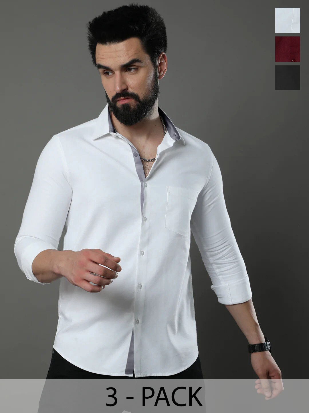 

1 Stop Fashion Pack Of 3 Spread Collar Slim Fit Pure Cotton Casual Shirt, White