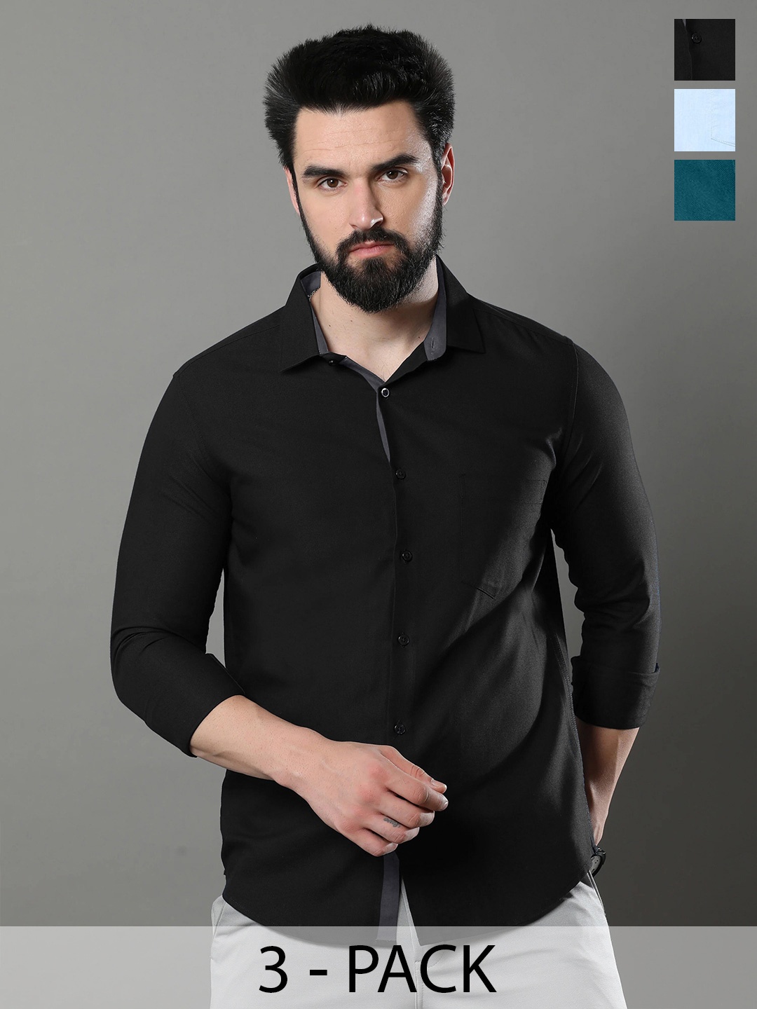 

1 Stop Fashion Pack Of 3 Opaque Slim Fit Cotton Casual Shirt, Black