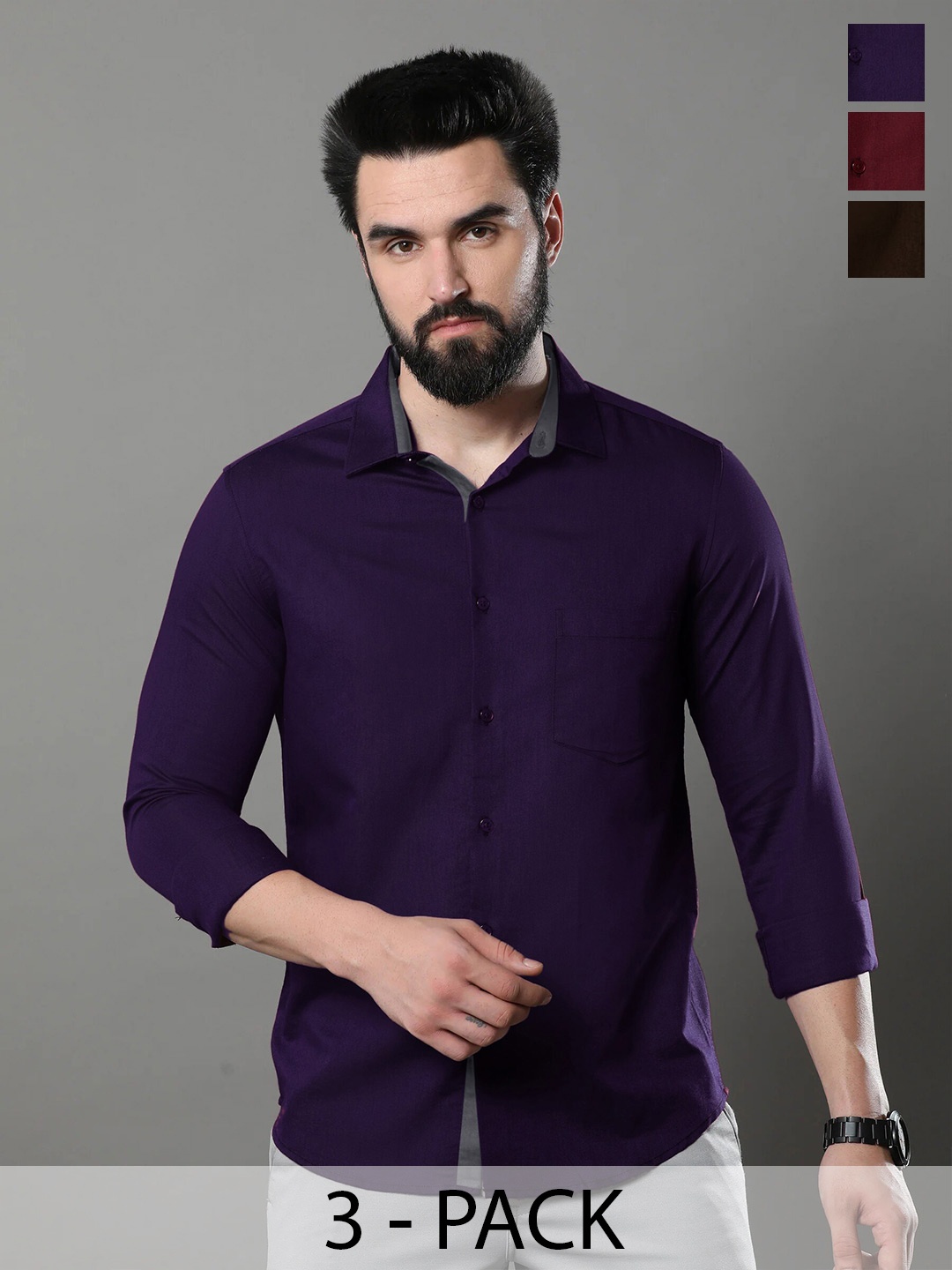 

1 Stop Fashion Pack Of 3 Opaque Slim Fit Cotton Casual Shirt, Violet