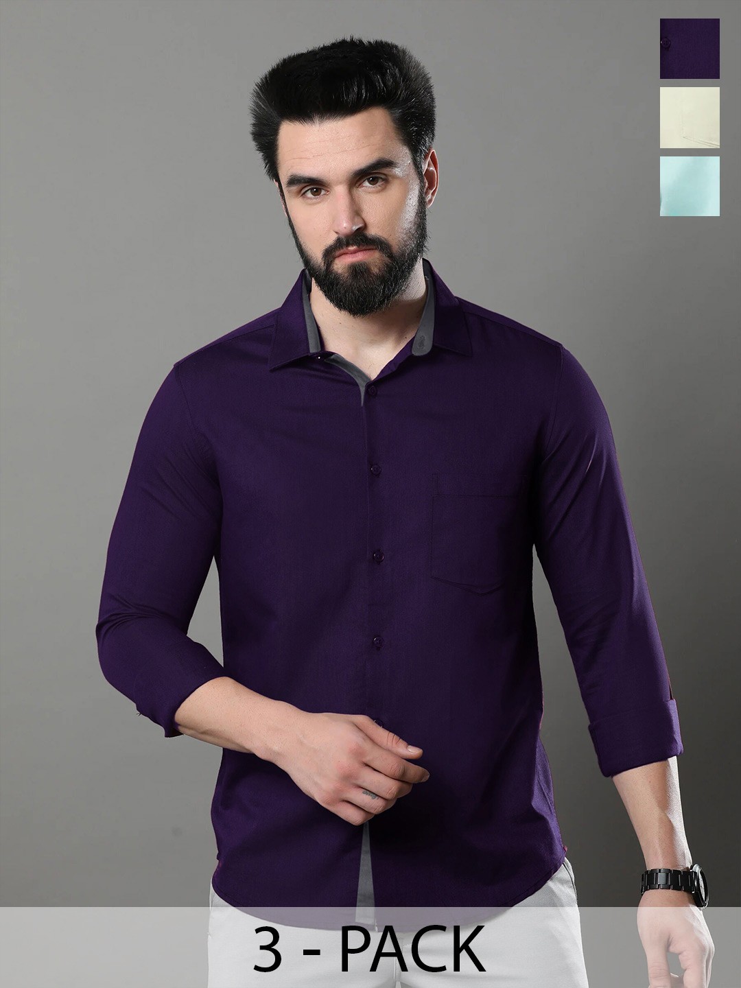 

1 Stop Fashion Pack Of 3 Opaque Slim Fit Cotton Casual Shirt, Violet