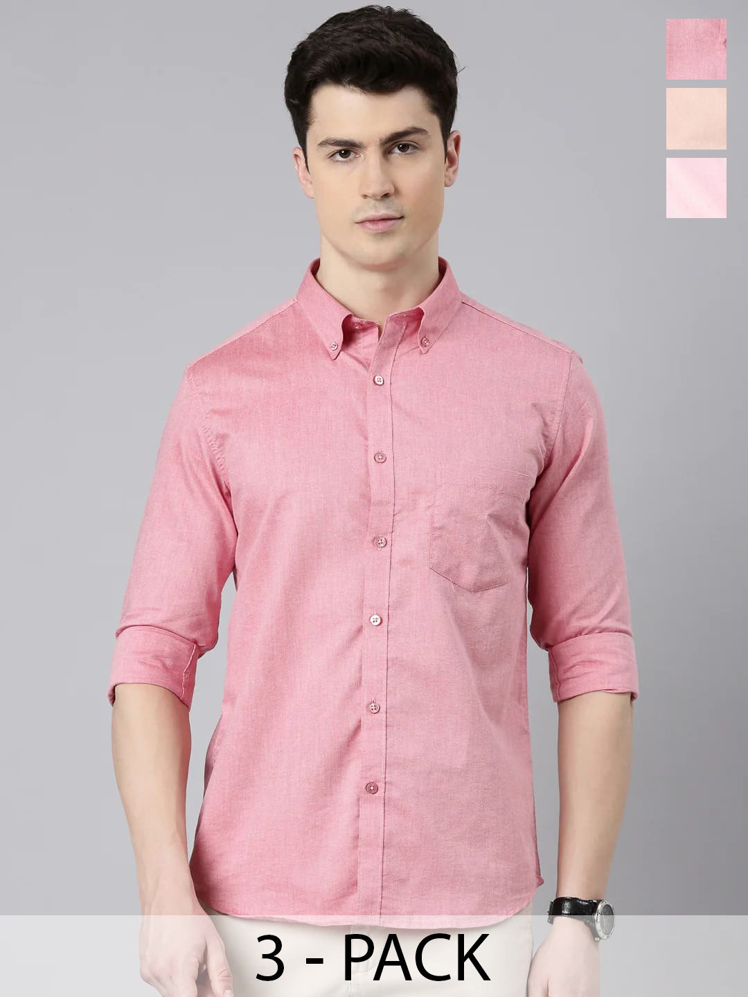 

1 Stop Fashion Pack Of 3 Standard Opaque Spread Collar Chest Pocket Cotton Casual Shirt, Pink