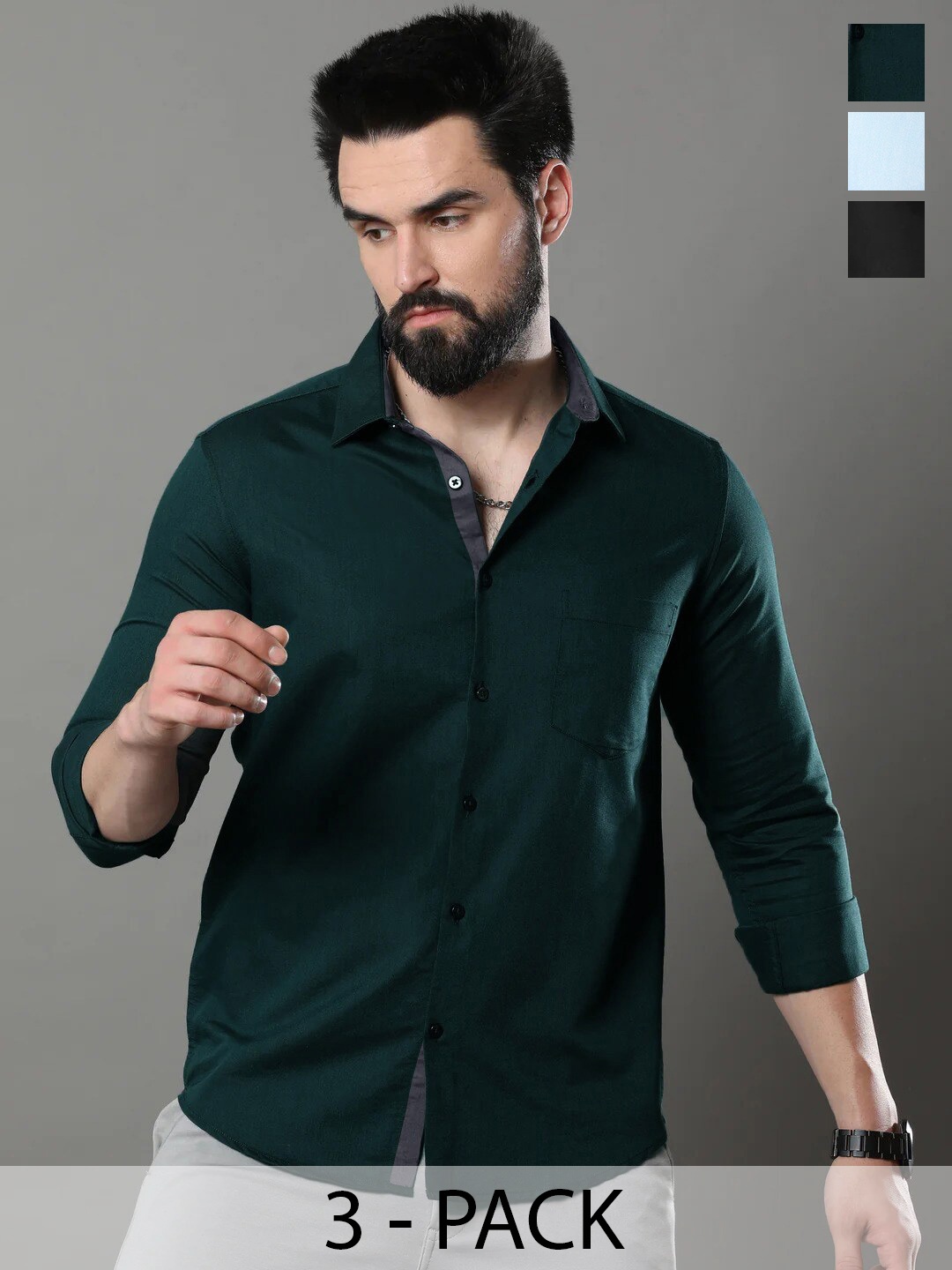 

1 Stop Fashion Pack Of 3 Opaque Slim Fit Cotton Casual Shirt, Green