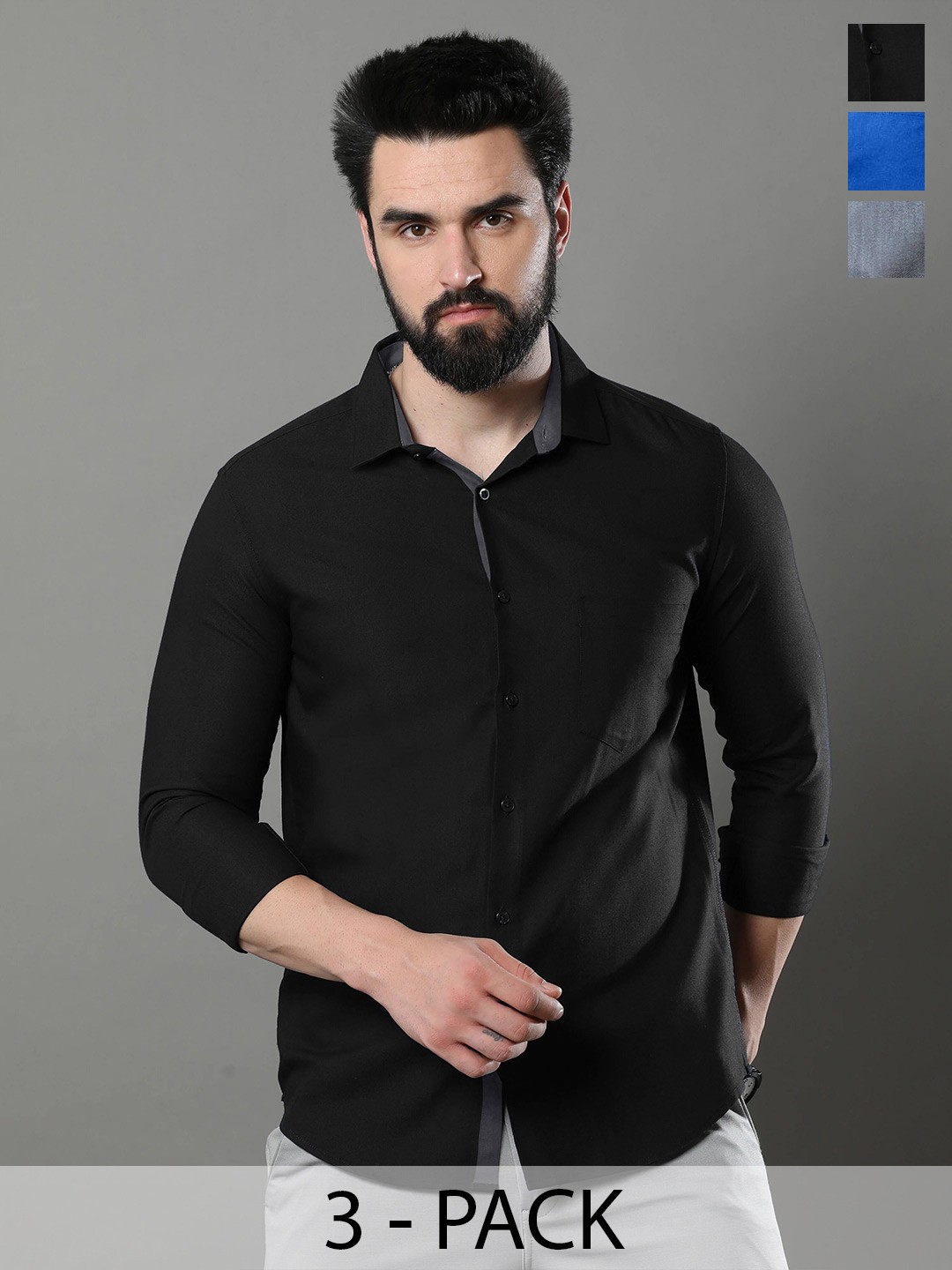 

1 Stop Fashion Pack Of 3 Opaque Slim Fit Cotton Casual Shirt, Black