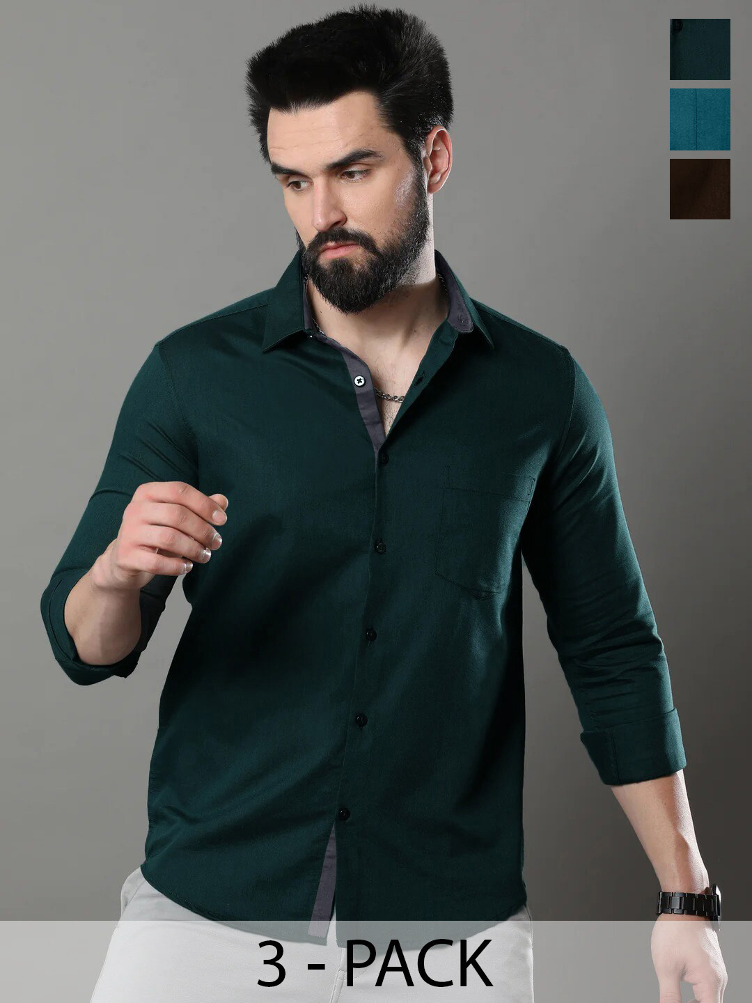 

1 Stop Fashion Pack Of 3 Opaque Slim Fit Cotton Casual Shirt, Green
