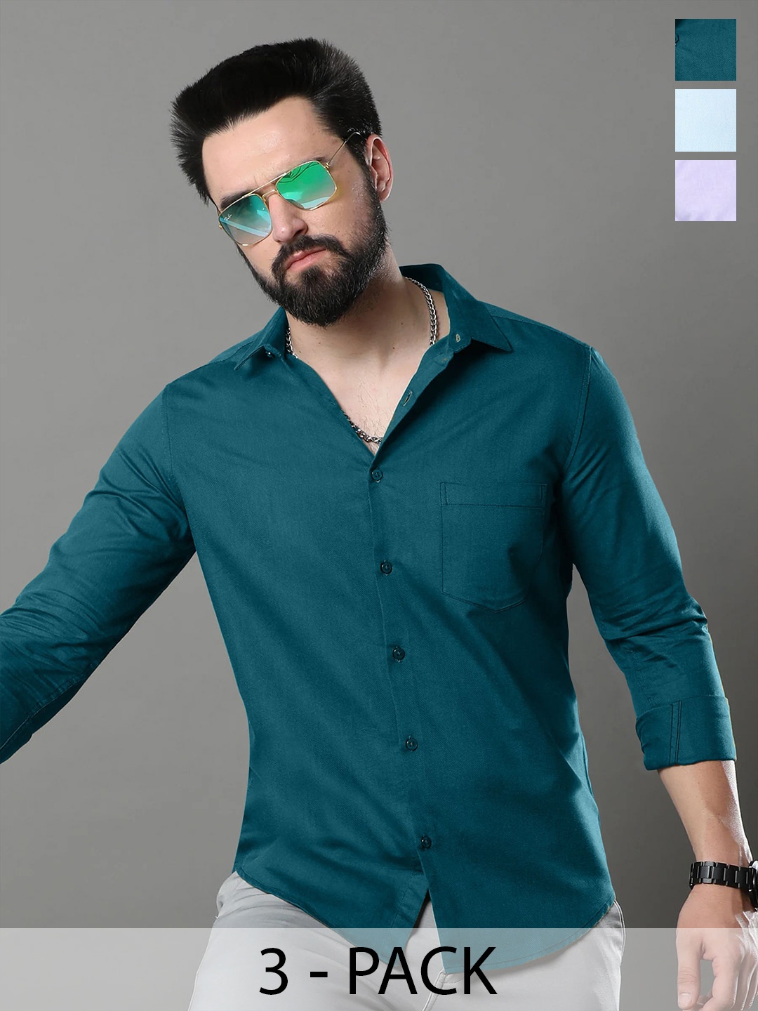 

1 Stop Fashion Pack Of 3 Opaque Slim Fit Cotton Casual Shirt, Green
