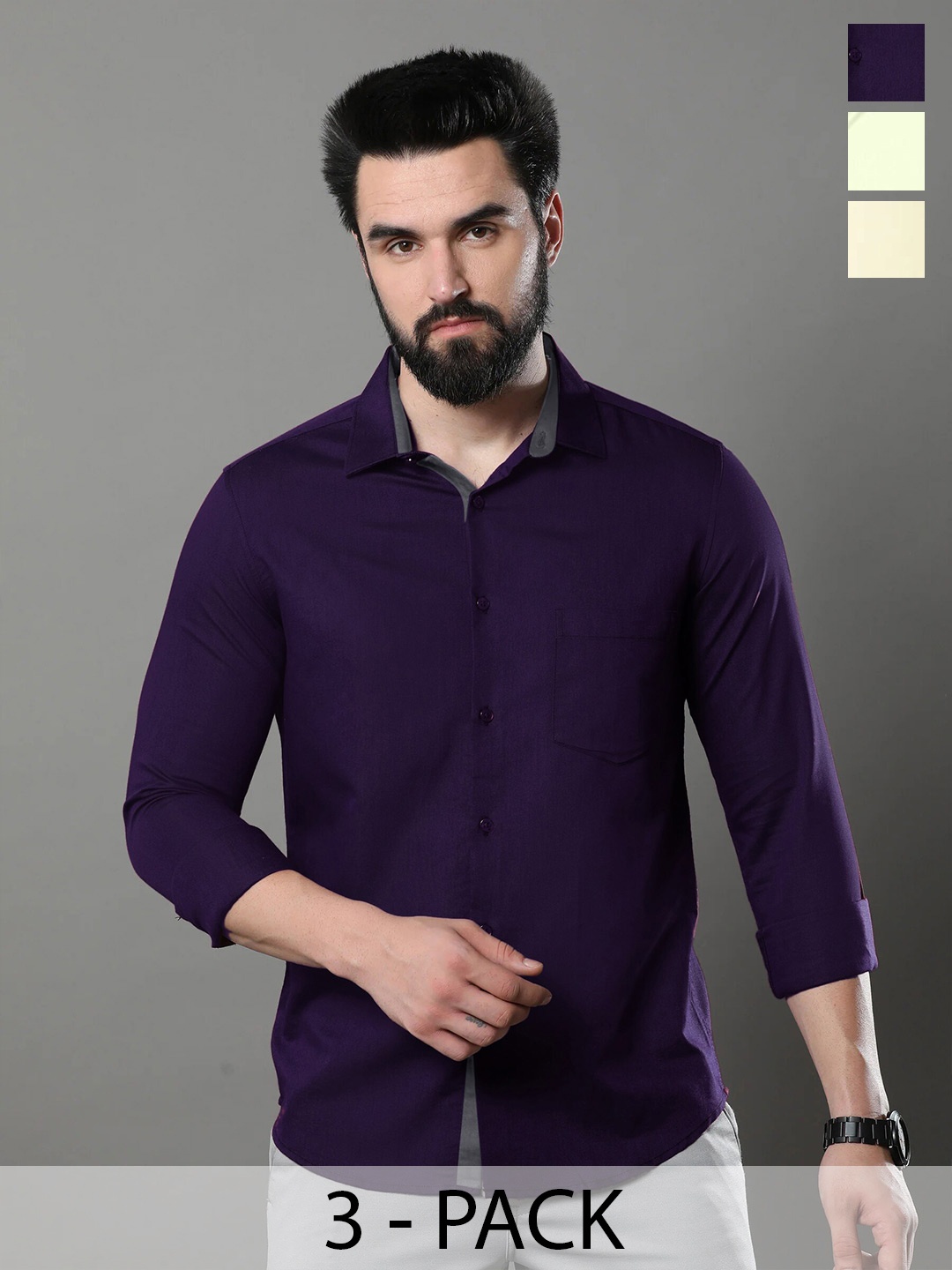 

1 Stop Fashion Pack Of 3 Opaque Slim Fit Cotton Casual Shirt, Violet