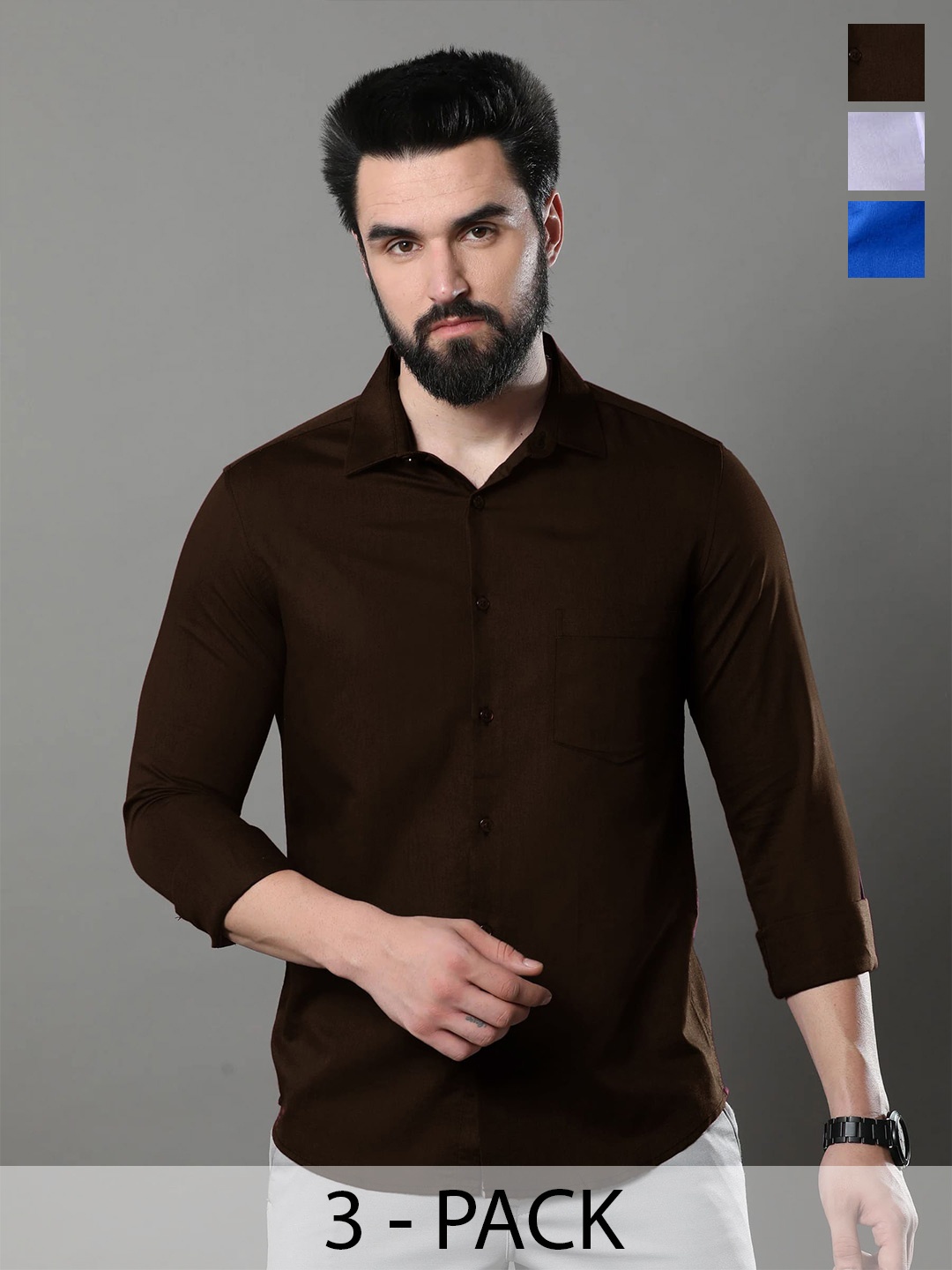 

1 Stop Fashion Pack Of 3 Opaque Slim Fit Cotton Casual Shirt, Brown